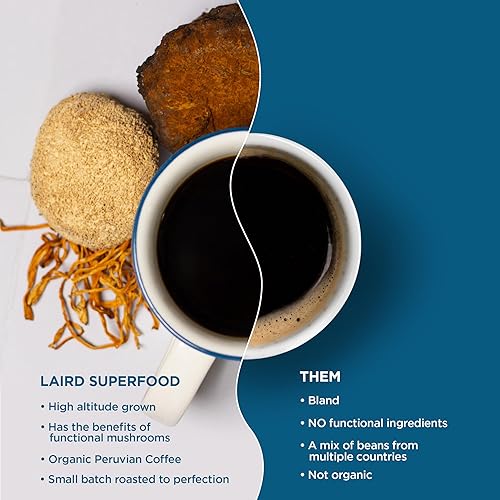 Vista 5 de Laird Superfood Café tostado oscuro peruano con hongos funcionales, granos de café molido peruano orgánico certificados, sin gluten, sin lácteos