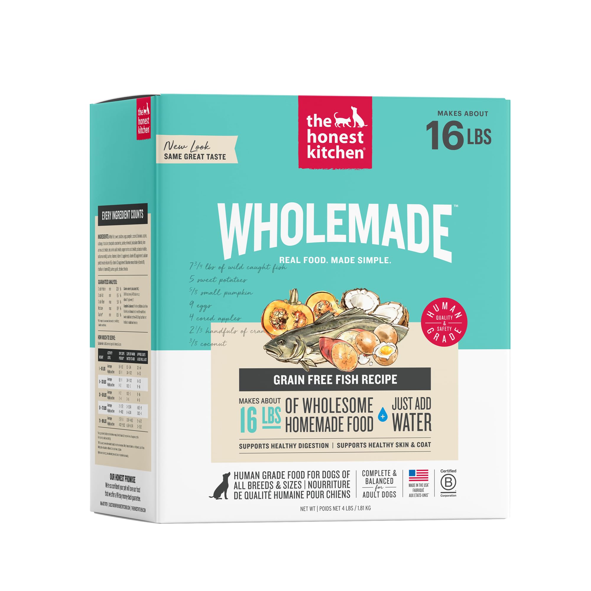 The Honest Kitchen Wholemade Grain Free Fish Recipe, Human Grade Dehydrated Dog Food, Just Add Water, Supports Healthy Digestion, Skin &amp; Coat, Topper for Dry or Wet Dog Food, 4 lb Box Makes 16 lbs