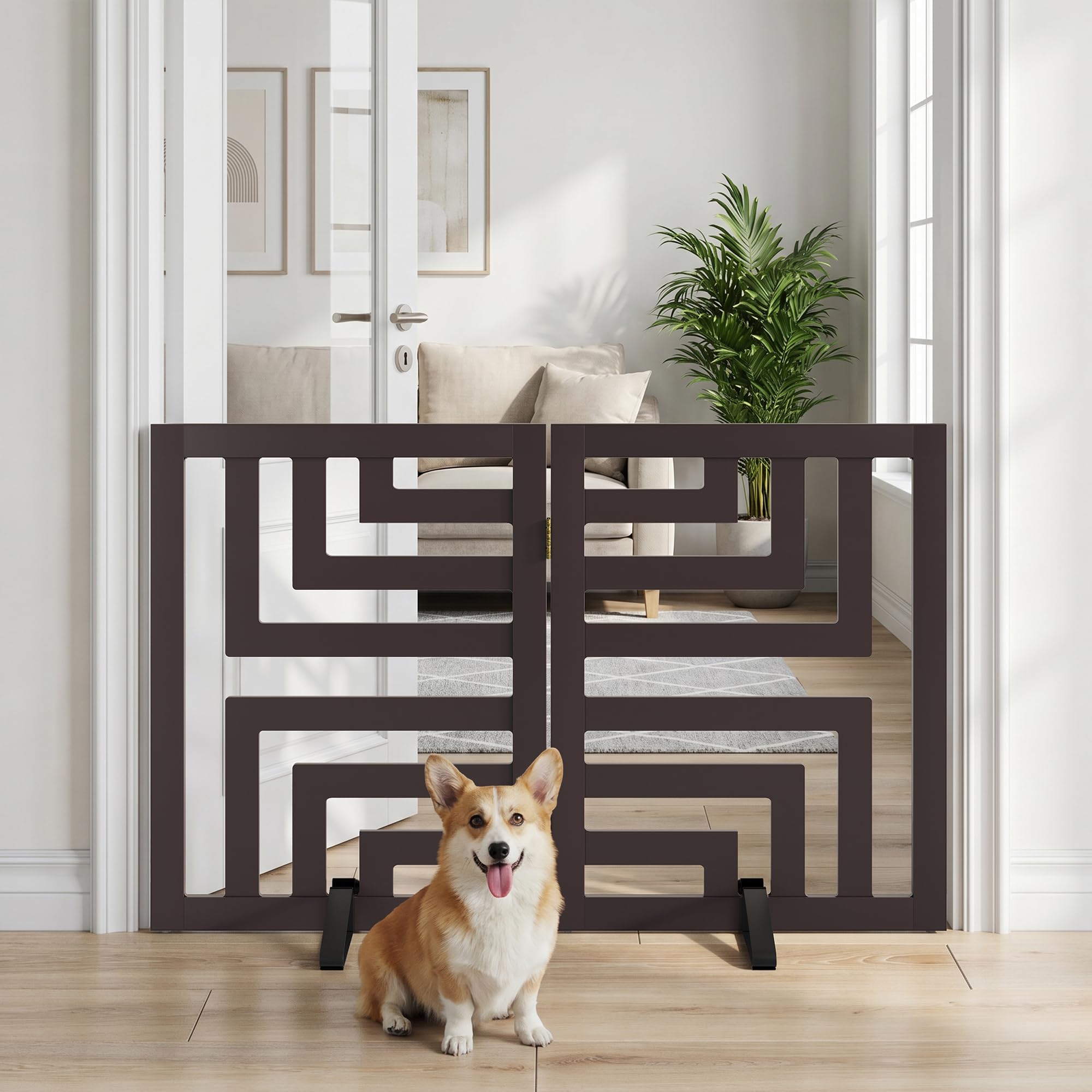 Dog Gate, Angled Design Freestanding Dog Gates for Doorways 2 Panels (brown)