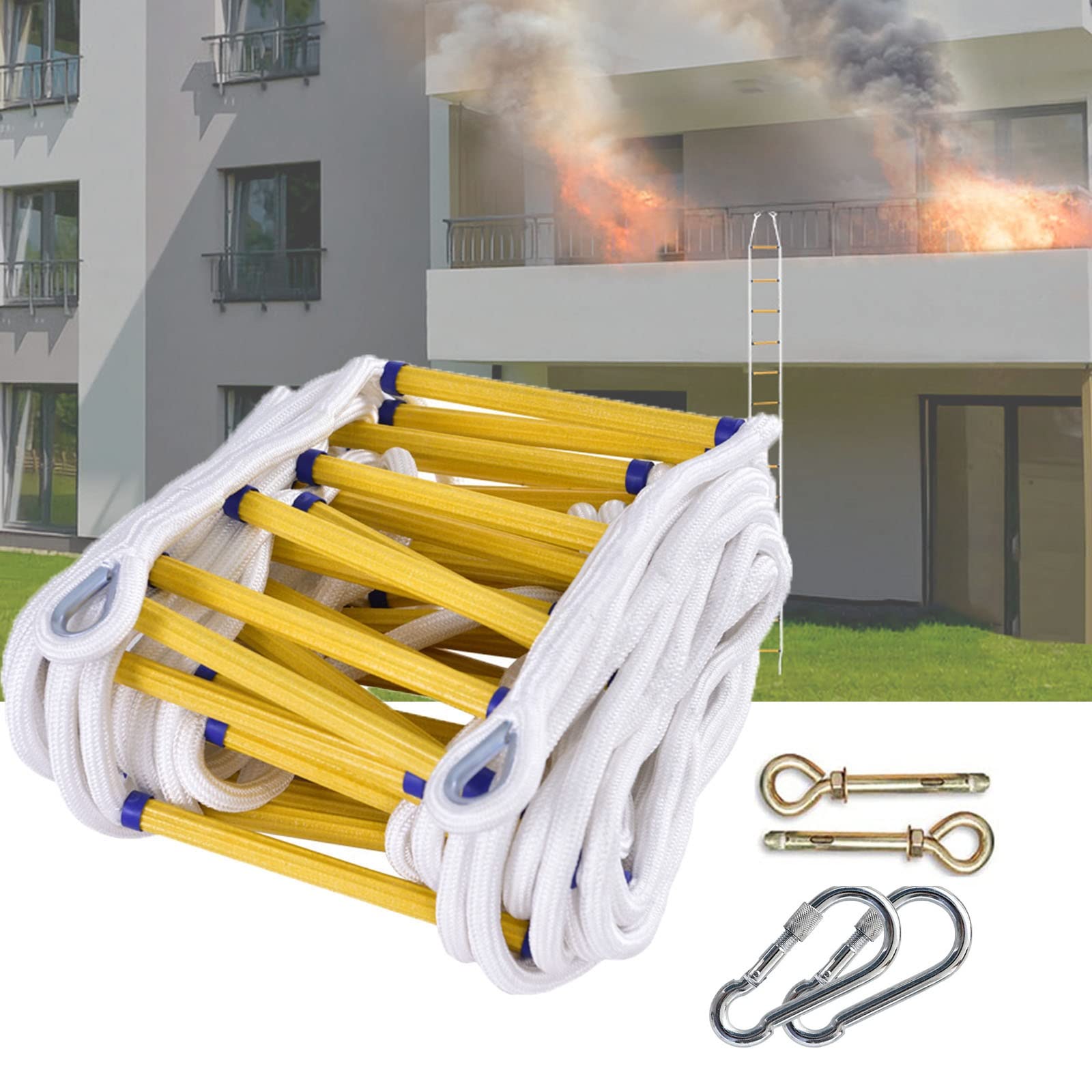 Generico Scala di Corda di Emergenza antincendio, Scala di Sicurezza da 18 m/59 Piedi con spaziatura tra i pioli di 30 cm, Portatile e Resistente per Rapide evacuazioni domestiche, Ideale per Le emer