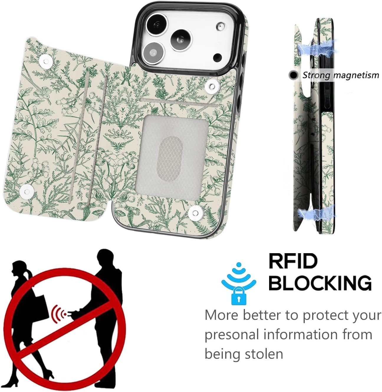 Compatible with iPhone 17 Pro Wallet Case with Card Holder, Back Flip Folio PU Leather Kickstand Card Slots Case for Women Girls, Double Magnetic Clasp Cover 6.3" (Green Floral) - Image 4