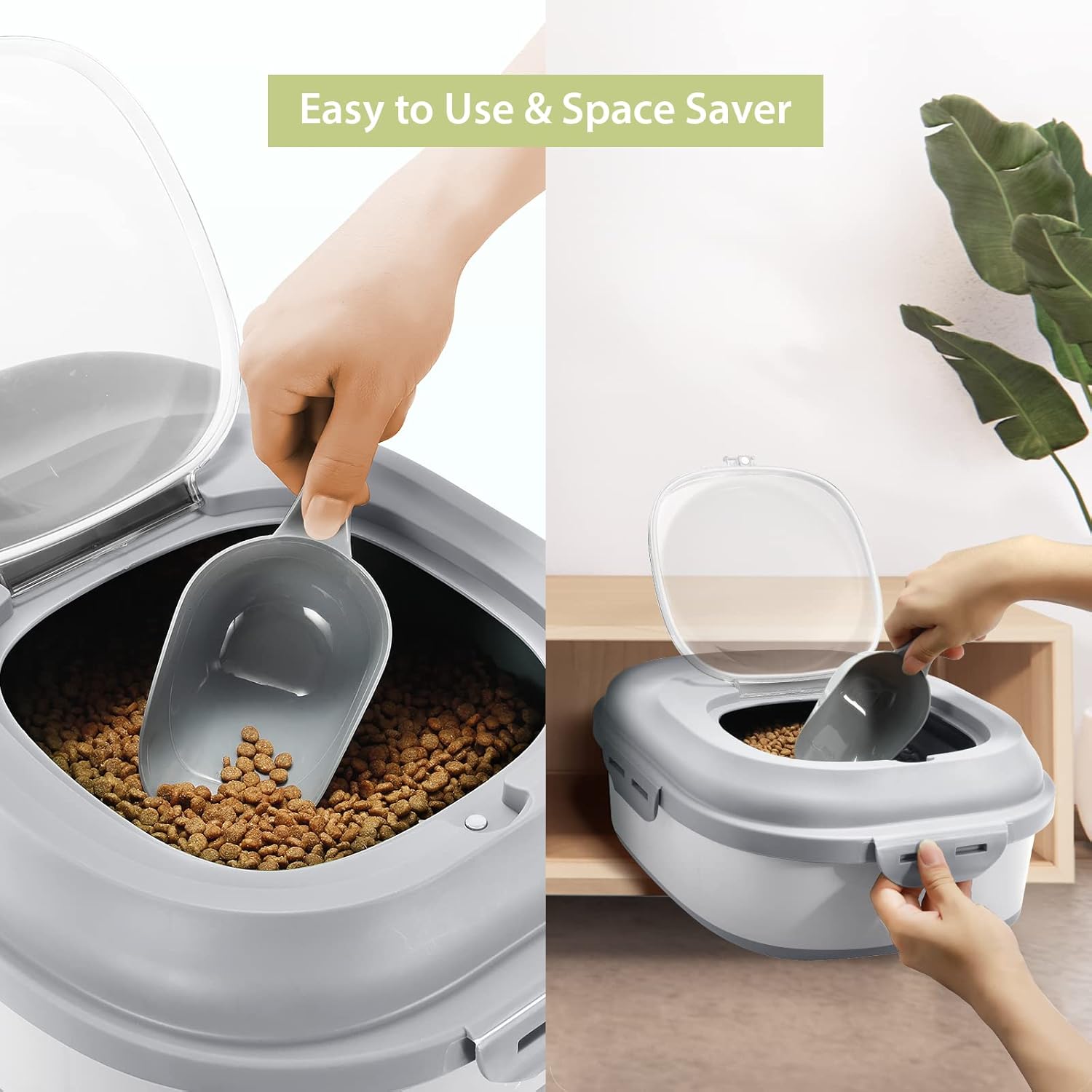 Collapsible Dog Food Storage Container, Airtight Sealed Pet Container with Measuring Scoop & Wheels, 30 lb Large Plastic Cat Containers Bin for Treats, Grey