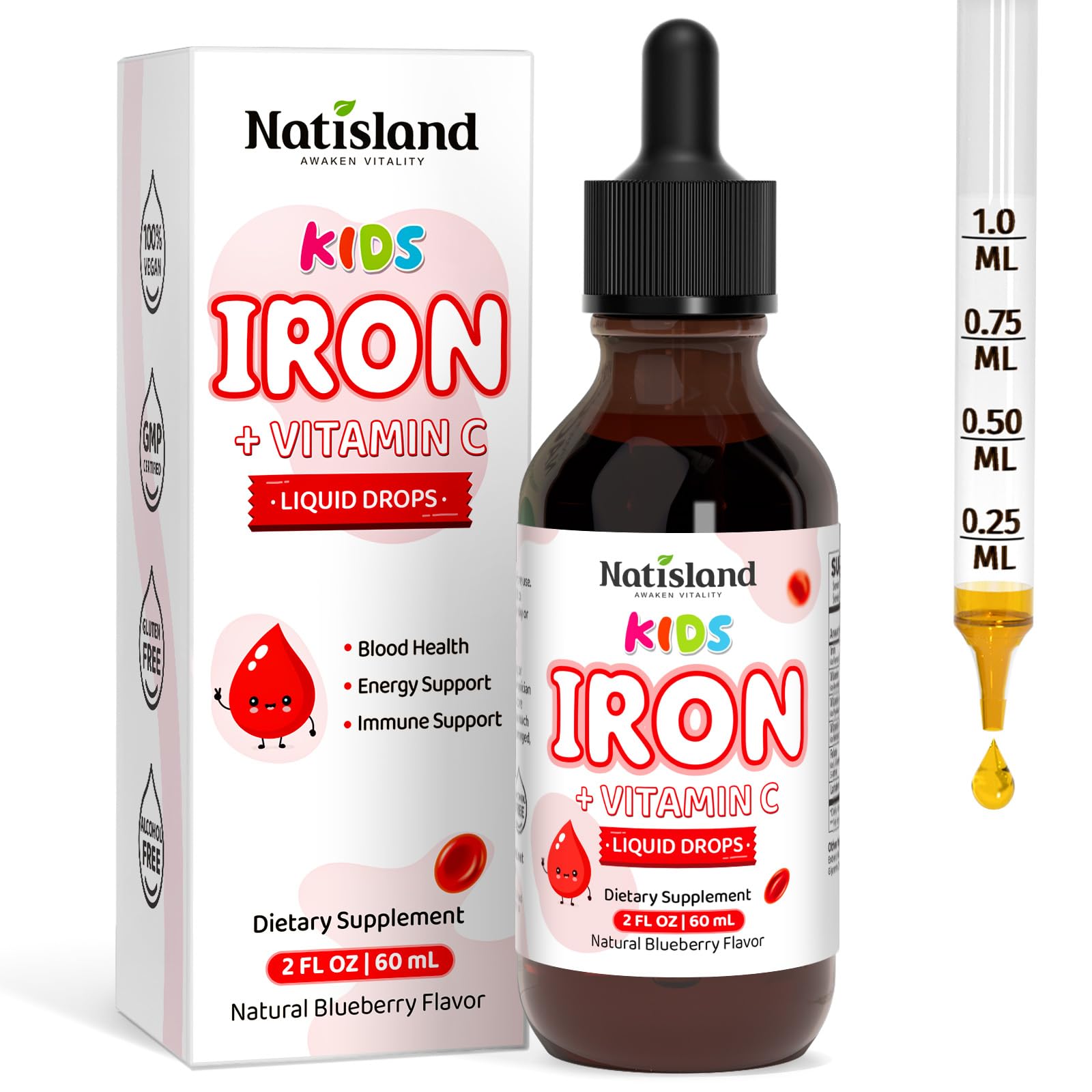 Liquid Iron for Kids, Iron Supplements for Kids with Vitamin C & Lactoferrin for Healthy Iron Levels, Energy & Blood Health, Sugar Free, Alcohol-Free, Blueberry Flavor, 2 FL OZ 2 Fl Oz (Pack of 1)