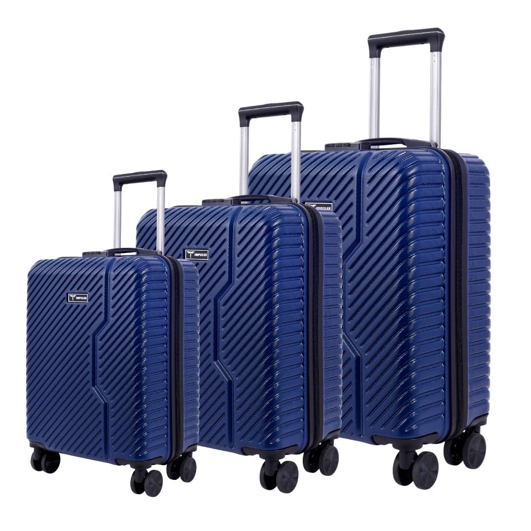 Impulse Vivid Polycarbonate (PC) Set of 3 (Cabin + Medium + Large) Trolley Bag for Travel Small Cabin Check in, Luggage Bag Travel Hard Case with 8 Wheels 360 Degree Wheeling System (Blue)