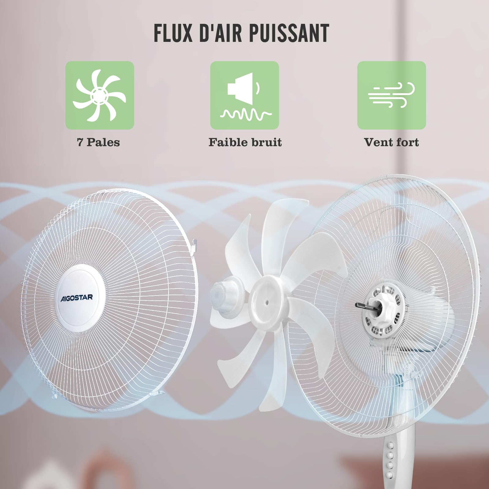 Aigostar Ventilateur sur Pied, 3 Vitesses, 7 Pales, Oscillation 75°, Stable et Silencieux, Hauteur réglable 108-125cm, 50W, Blanc - Erika