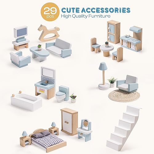 Miniatura 6 de ROBOTIME Casa de muñecas de madera, casa de muñecas de madera con 29 muebles, 6 habitaciones para muñecas de 4 a 6 pulgadas, regalo para niños a