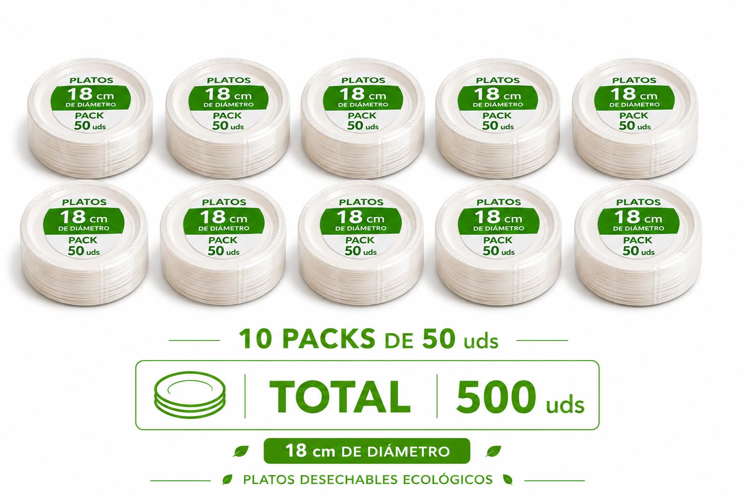 500 platos desechables de bagazo de caña de azucar. compostables de coplor blanco de 18 cm 500 uds