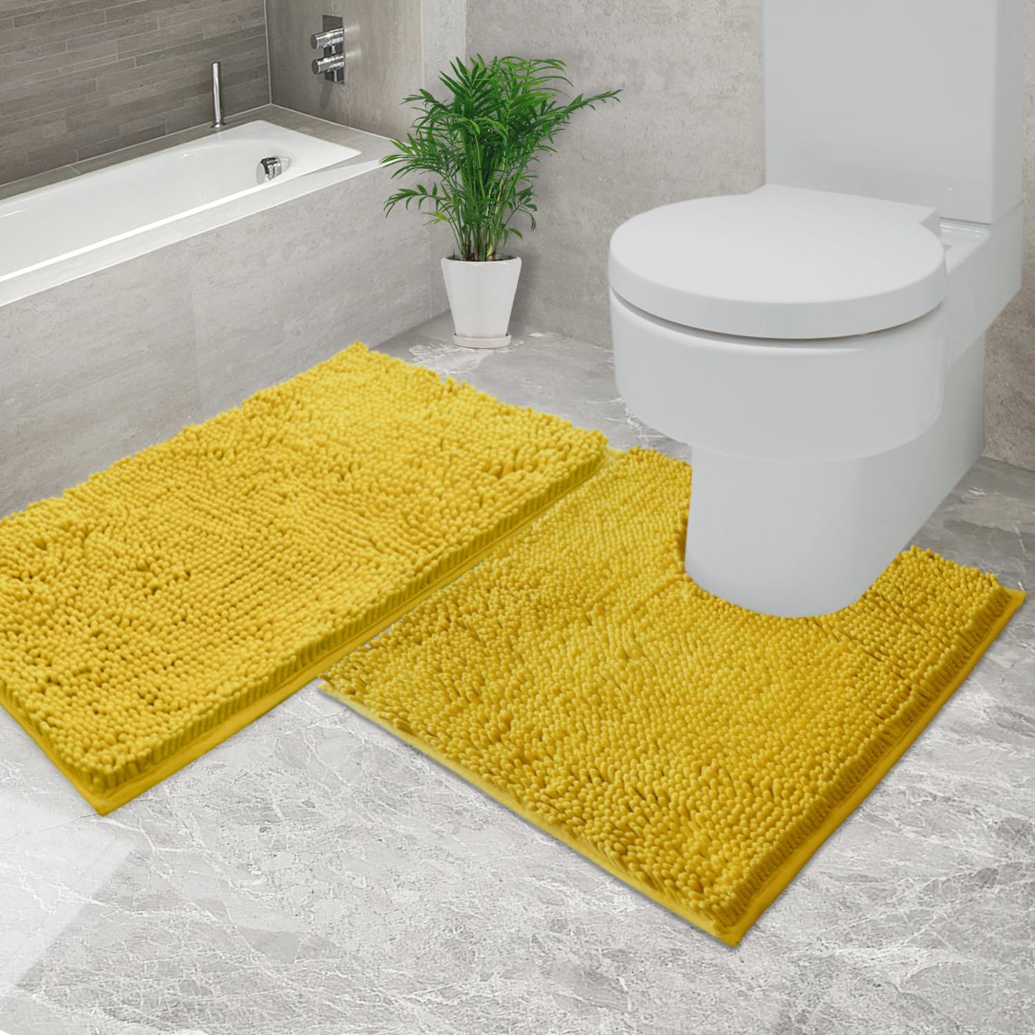 Flotstiga Bathroom Rugs Chenille, Extra Thick and Absorbent, Non-Slip, Machine Washable, Dry Quckily, Soft Cozy Plush, Used Under Shower Bathtub and Sink, Bath mat Sets 5050U+5080 (Yellow)