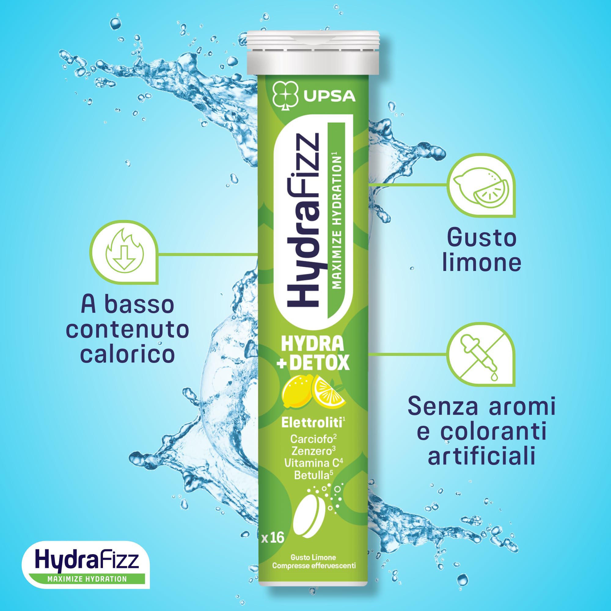 UPSA Hydrafizz Detox, 16 Compresse Effervescenti, Integratore Alimentare con Elettroliti, Carciofo e Zenzero, Gusto Limone, Idratazione e Depurazione, aiuta a ridurre Stanchezza