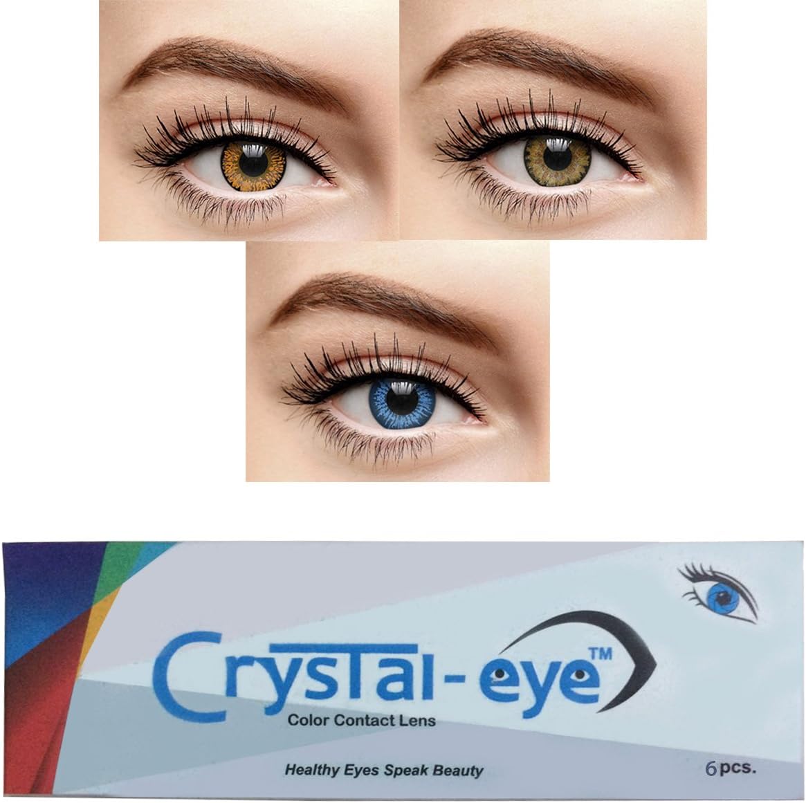 Crystal Eye Zero Power Monthly Contact Lens with Multi Plus Solution and Lens Storage Box (Honey, Dark Blue, Hazel) - 3 Pairs