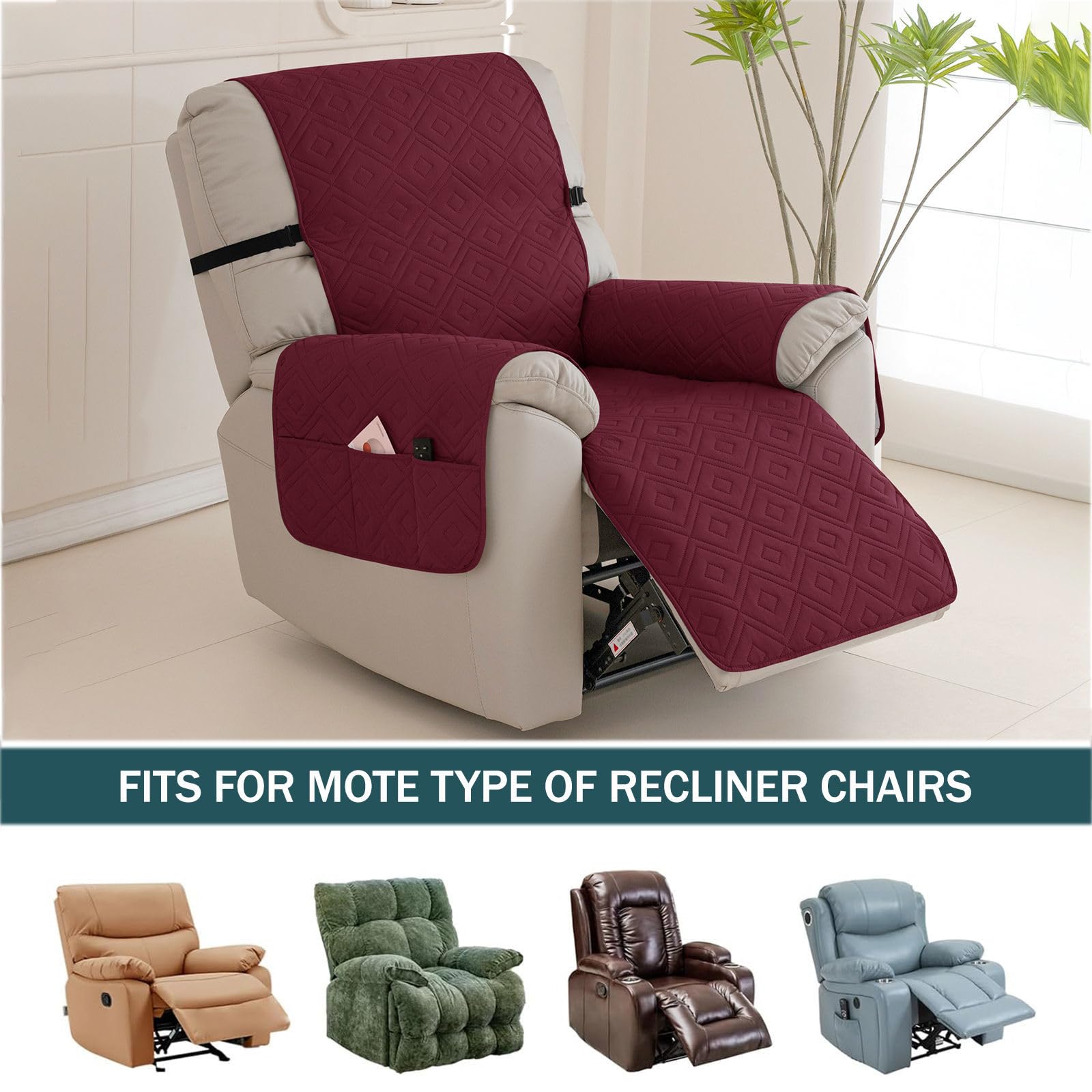 Funda antideslizante para silla reclinable acolchada para sillas eléctricas, protector de muebles de un solo asiento para niños, mascotas, perros, gatos, elegante color vino tinto