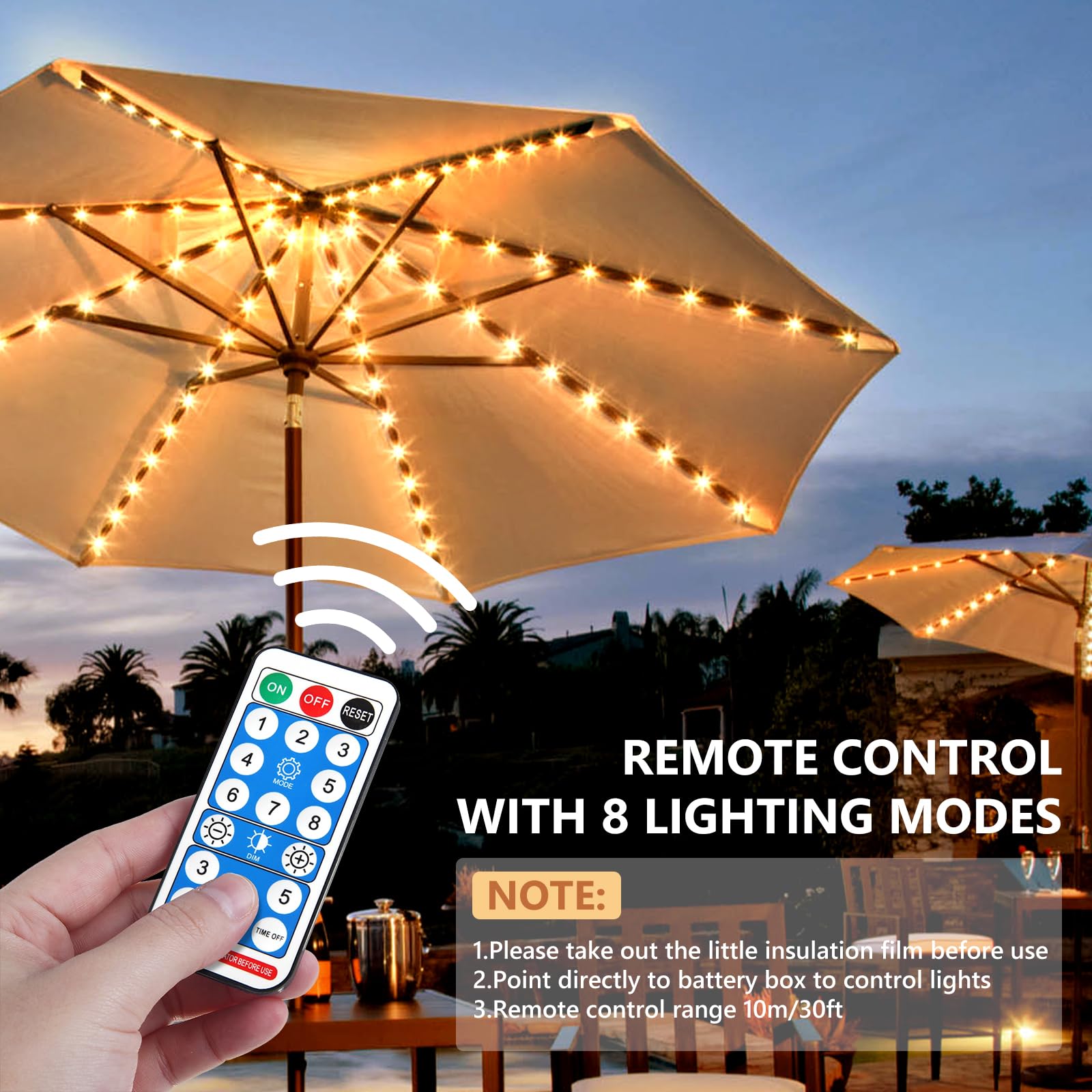 BORDEAG Éclairage solaire pour parasol - 104 LED - 8 modes - Guirlande lumineuse solaire pour parasol de terrasse - Avec télécommande