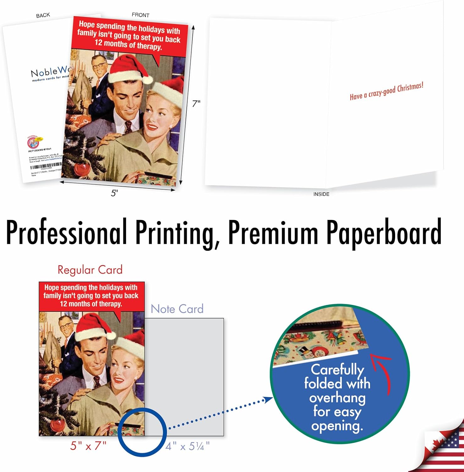 NobleWorks 12 Funny Retro Christmas Cards w/Envelopes - Boxed Holiday Greeting, Bulk Stationery (1x12 Design) 12 Months of Therapy C7135XSG-B12x1