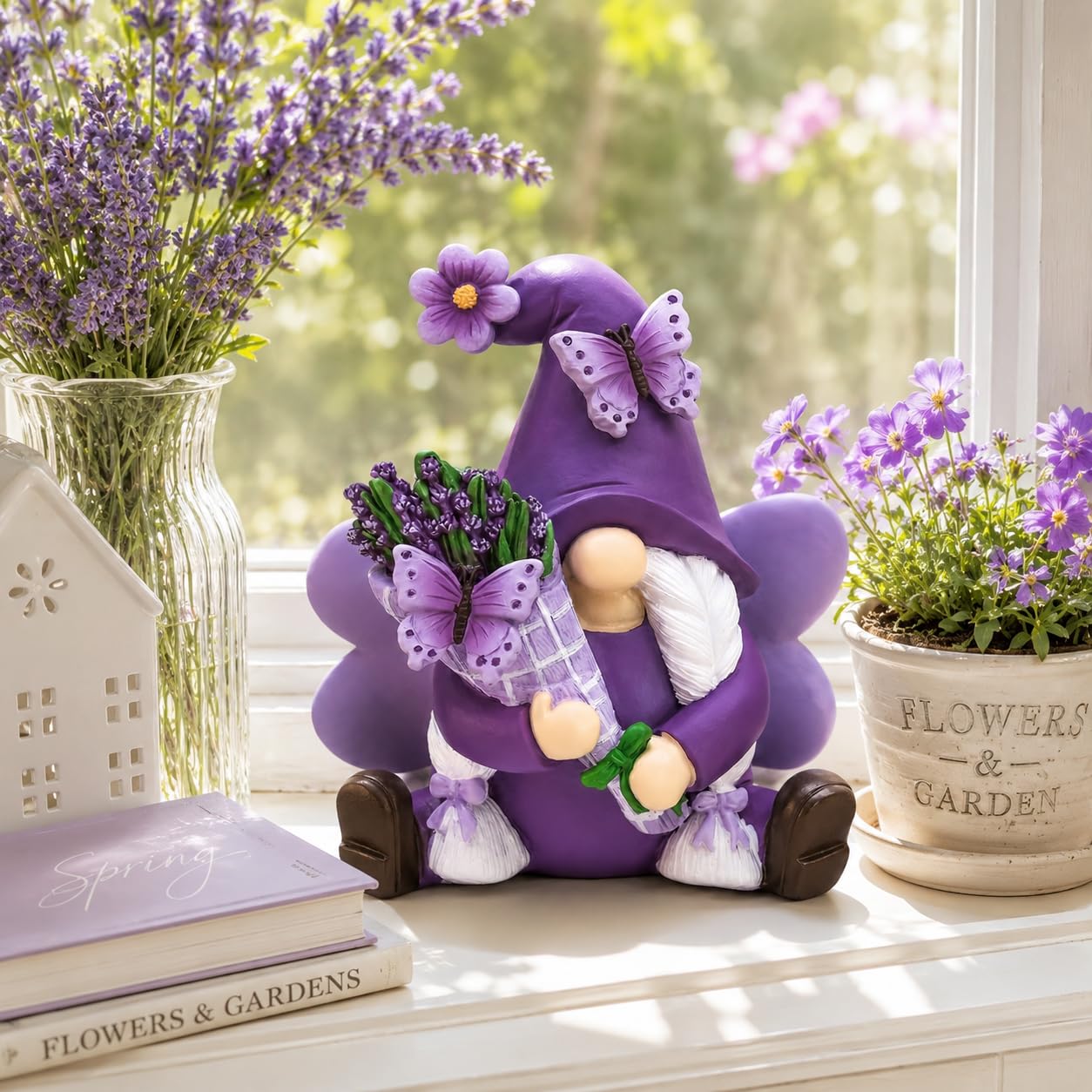 Decoración de gnomos de Lavanda, decoración de gnomos de jardín de Resina de Primavera para el hogar Interior/Exterior y Morado Pastel, Decoraciones de Lavanda de Primavera, gnomo de Mariposa