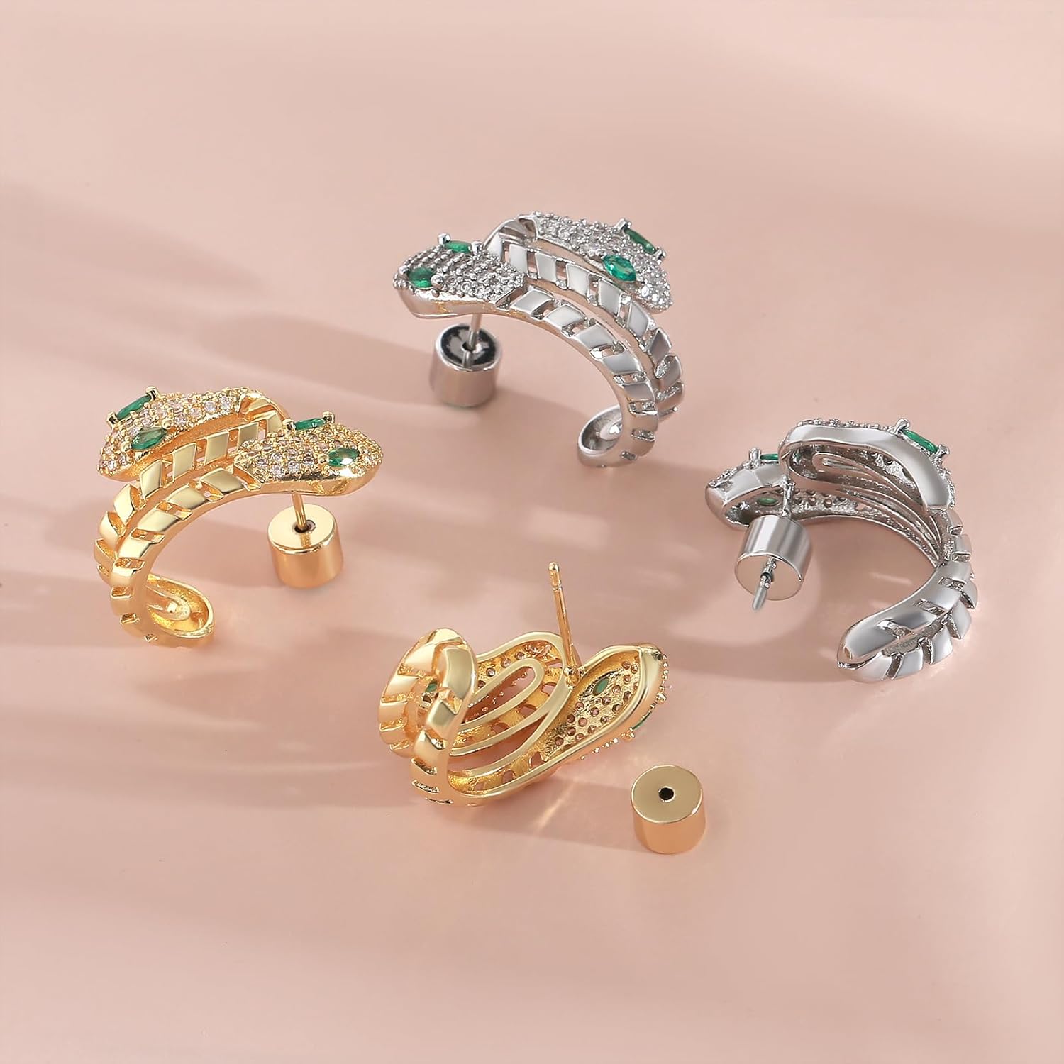 Snake Earrings for Women 14K Gold Plated Flat Back Stud Earrings Cubic Zirconia U-Shaped Piercing Jewelry Gift for Women - Image 9