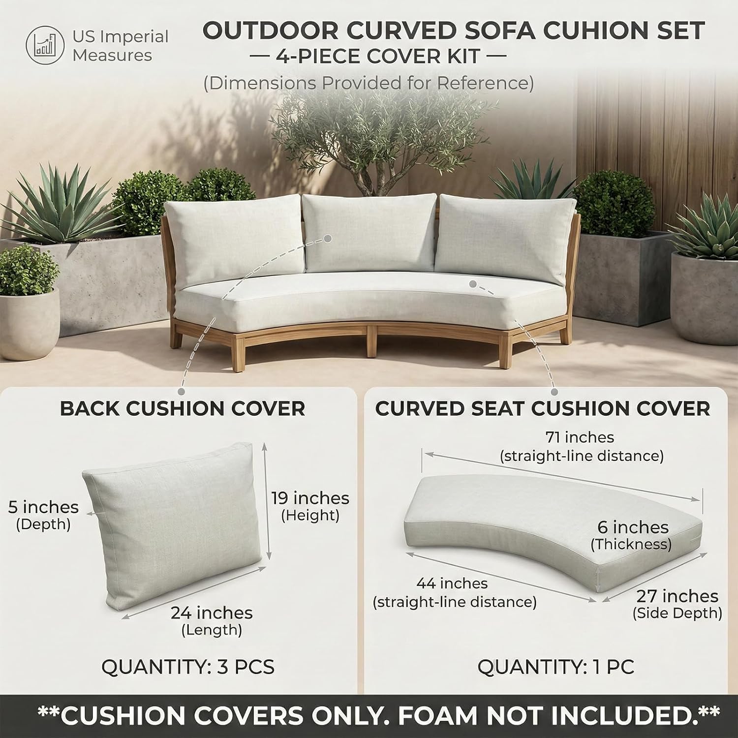 Outdoor Curved Sofa Cushion Covers, 4-Piece Replacement Slipcovers for Half-Moon Wicker Sectional, UV-Protected Water Repellent Patio Furniture Covers (Cover Only) (WineRed, A-Size)