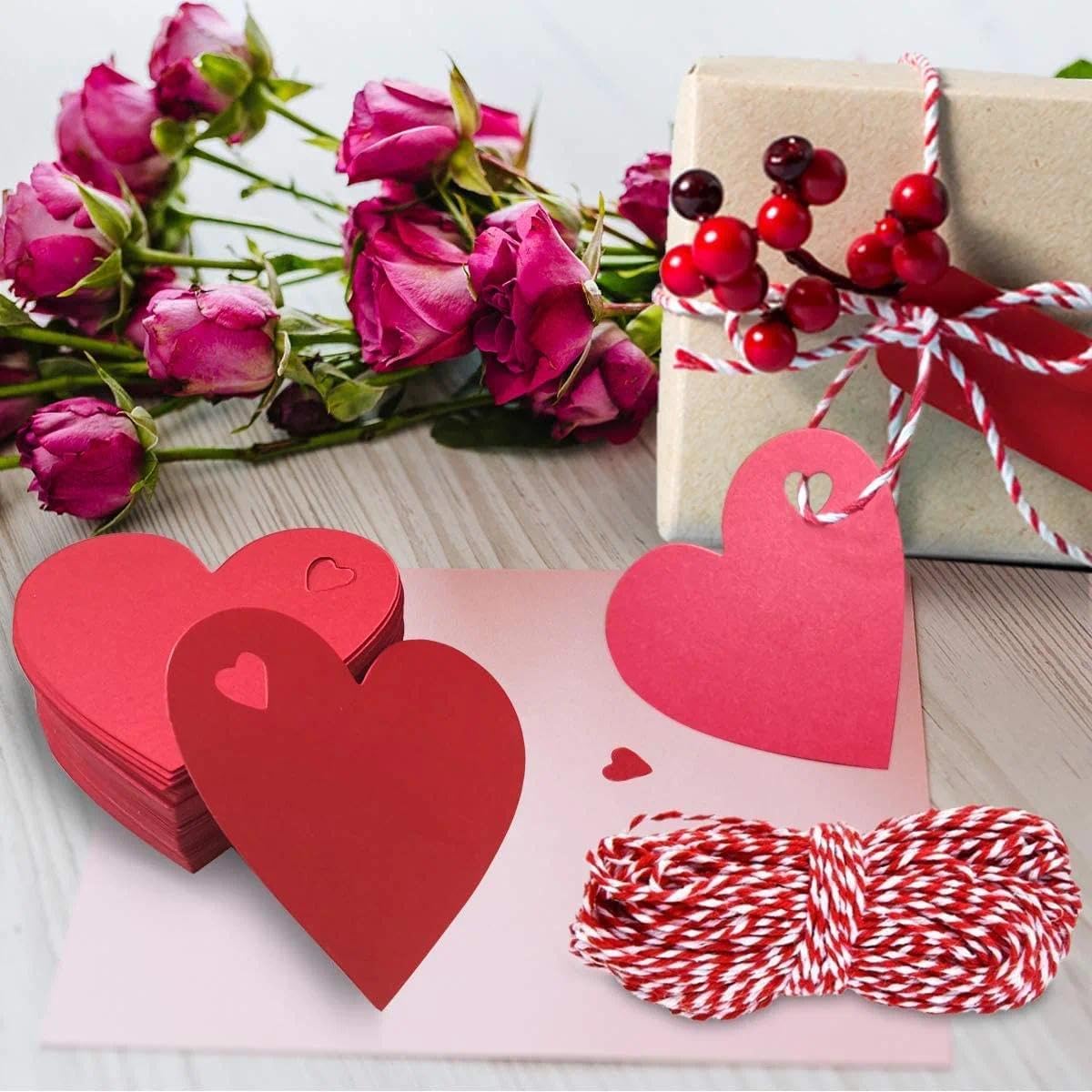 100 Pcs Heart-Shaped Kraft Paper Tags with String, Handmade Card Tags, Perfect for Valentine's Day, Candy Gifts, Cookies, Wedding DIY Party (Red)