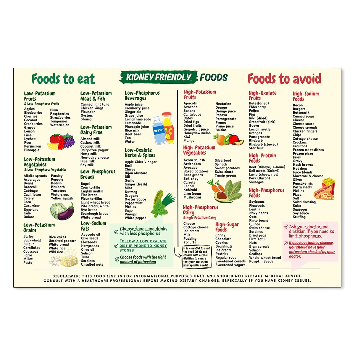 OMANI Kidney Friendly Foods List Chart Posters Kidney Awareness Diet Plan Canvas Wall Art Low Potassium Grocery Shopping List Print for Beginner