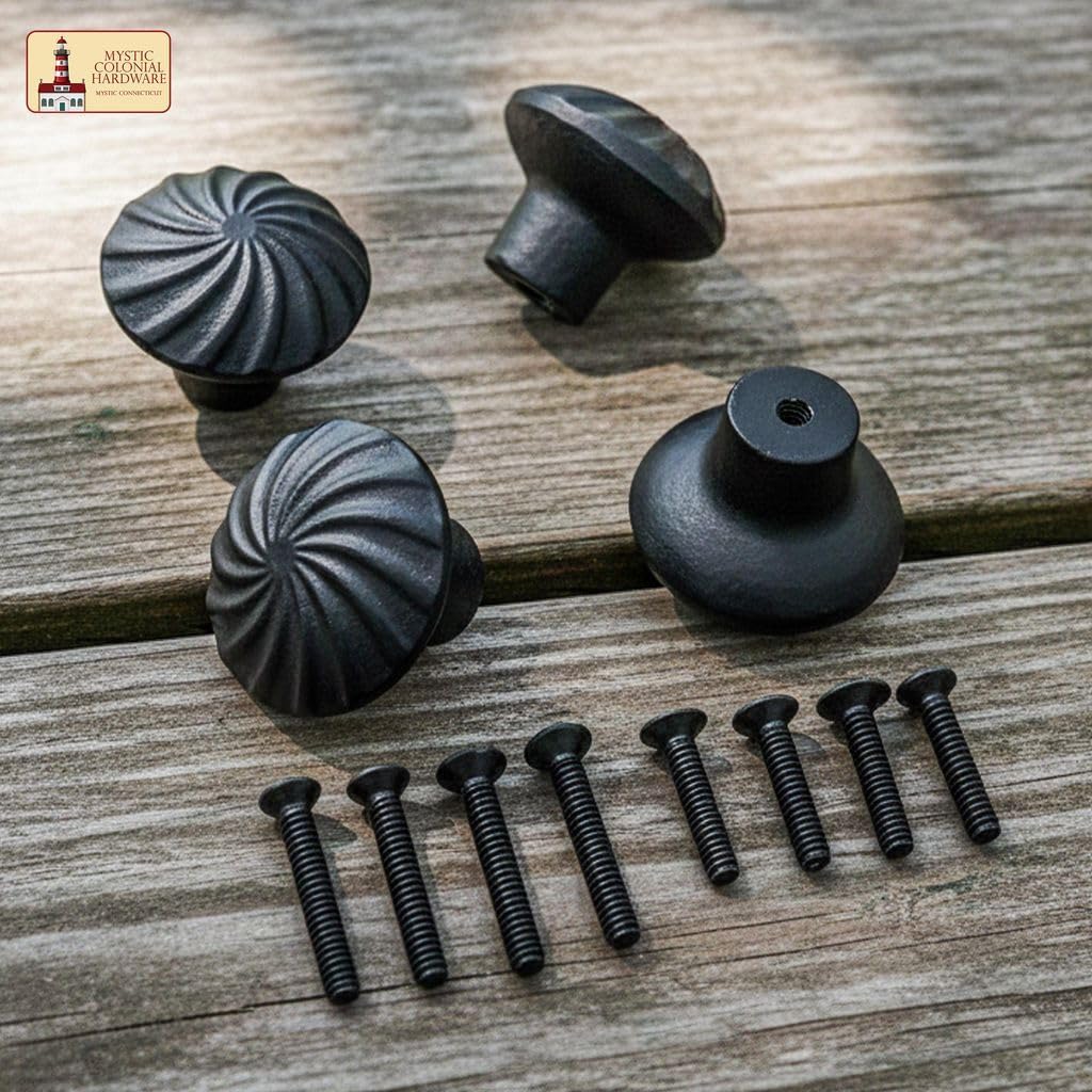 Mystic Colonial Cast Iron Cabinet Knobs – Pack of 4 Antique Handforged Drawer Pulls for Dressers, Closets & Kitchen Cabinets – Vintage Black Iron Knobs, 4 cm Each