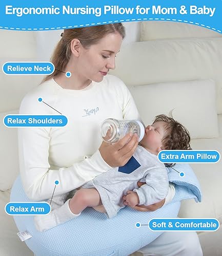 Miniatura 2 de Almohada de lactancia multifuncional 5 en 1 con almohada de brazo, cojín ergonómico más ancho para lactancia materna para mamá y bebé, tela