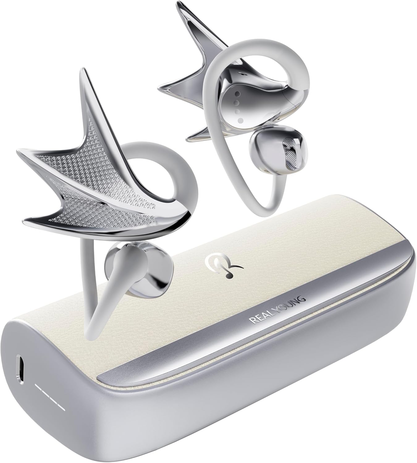 REAL YOUNG H700 Open-Ear Headphones, Jewelry-Inspired Secure Earhook Earbuds, Premium Sound, Deep Bass, Wireless Bluetooth 5.4, 2-Mic Clear Calls, IPX7, 40H, for Fashion, Gift for Women(Sliver)