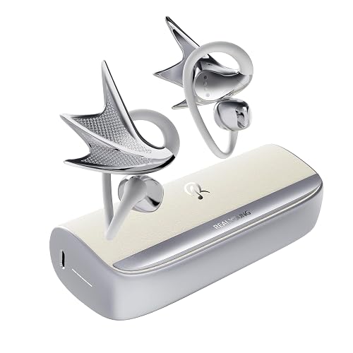 REAL YOUNG H700 Elegant Jewelry-Inspired Open-Ear Earbuds for Women | Dragon Wing Design, Lightweight Wireless Earphones with G-Shaped Ear Hook, Deep Bass Sound, Award-Winning Style, Gift for Her - Silver