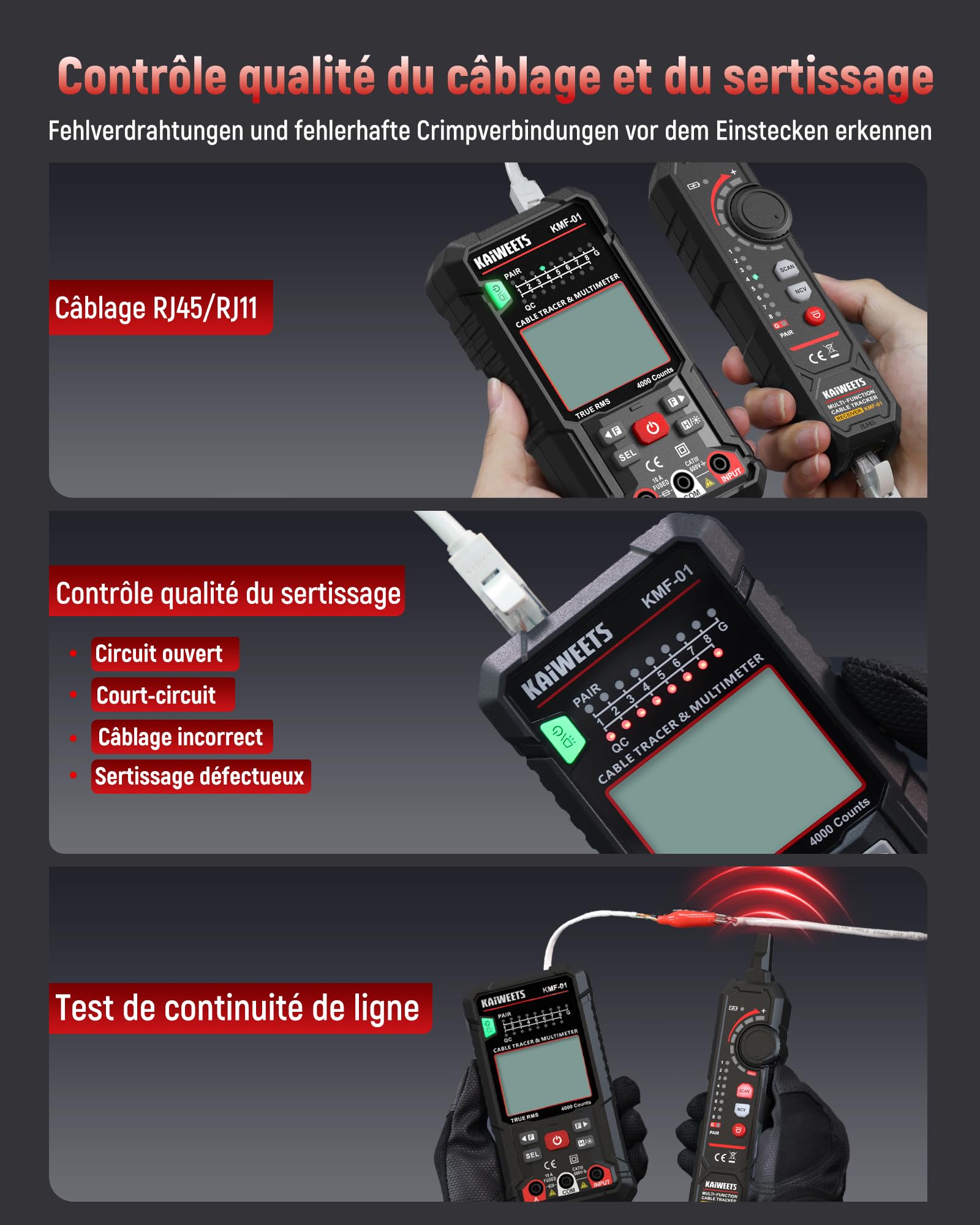 KAIWEETS Multimètre Numérique & Détecteur de Câbles 3-en-1, Multimètre Digital Automatique de Valeur Efficace Vraie 4000 Comptes, Testeur de Câbles RJ45/RJ11 et NCV pour Electriciens, Bricoleurs, Etc