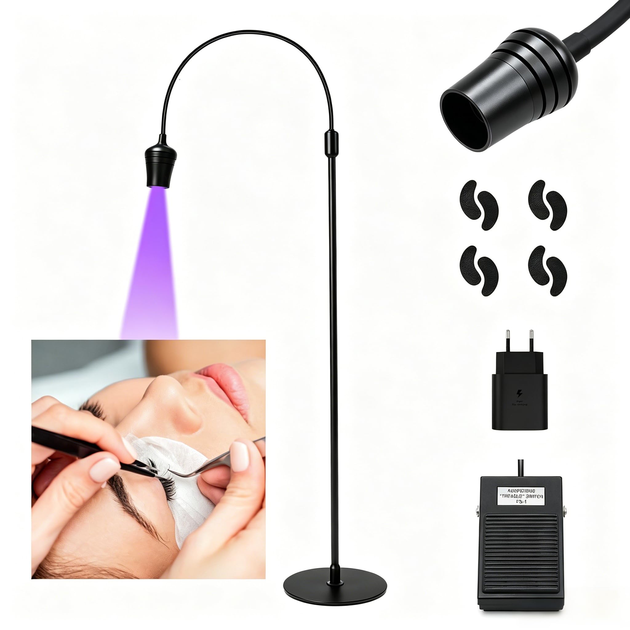 UV Wimpern Lampe, 10W LED-UV-Licht für Lichthärtenden Anwendungen, Schwanenhals Wimpernlicht, 1-3 Sekunden Schnelle Aushärtung, UV LED Lampe für Wimpernverlängerung mit Fußschalter