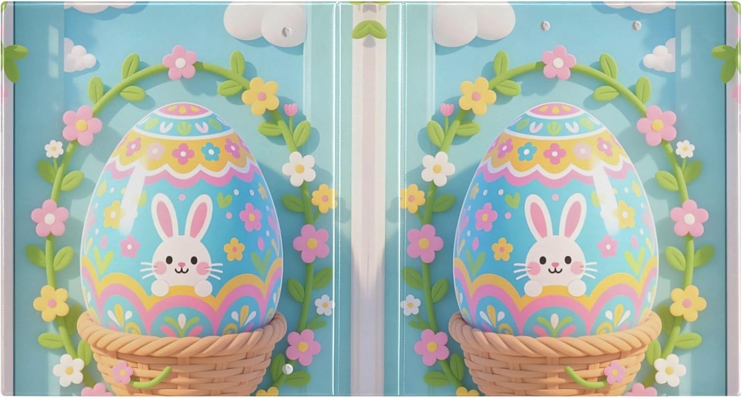 Happy Easter Eggs 3 Ring Binders, 1.5” Round Ring Binders with Clipboard - Letter Size, 3 Interior PVC Clear Pockets & Anti-Slip Clip for Office School Supplies, 2PCS