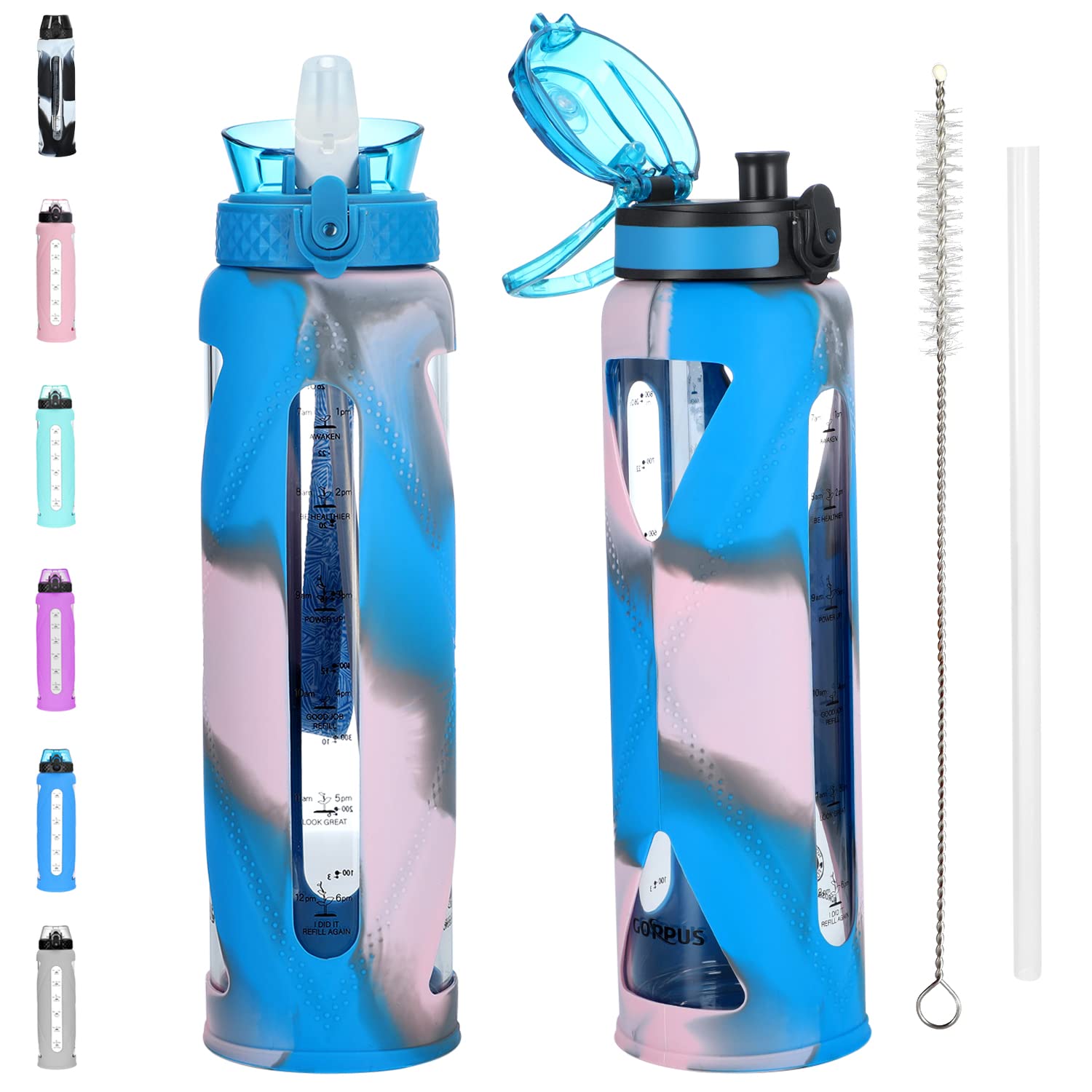 Glass Water Bottles with Straw and Flip Lid, Motivational Water Bottles with Time Marker Reminder and Silicone Sleeve, Leakproof, BPA Free (32 oz, Blue Grey & Pink)