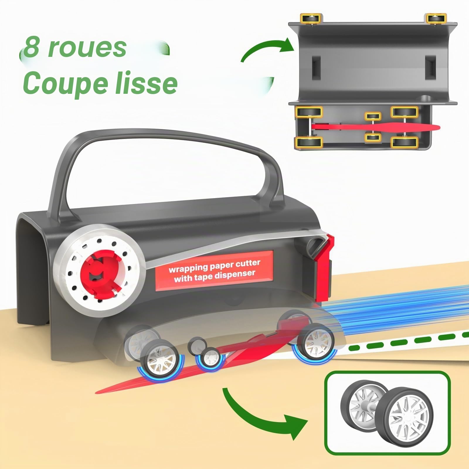 Coupe Papier Cadeau, Massicot Rouleau de Papier Cadeau de Noël avec roulettes, 2 Rouleau, 2 lames et 4 rubans adhésifs, Massicot Remplaçable, Pour le Papier Cadeau, Noël, Emballage Cadeau