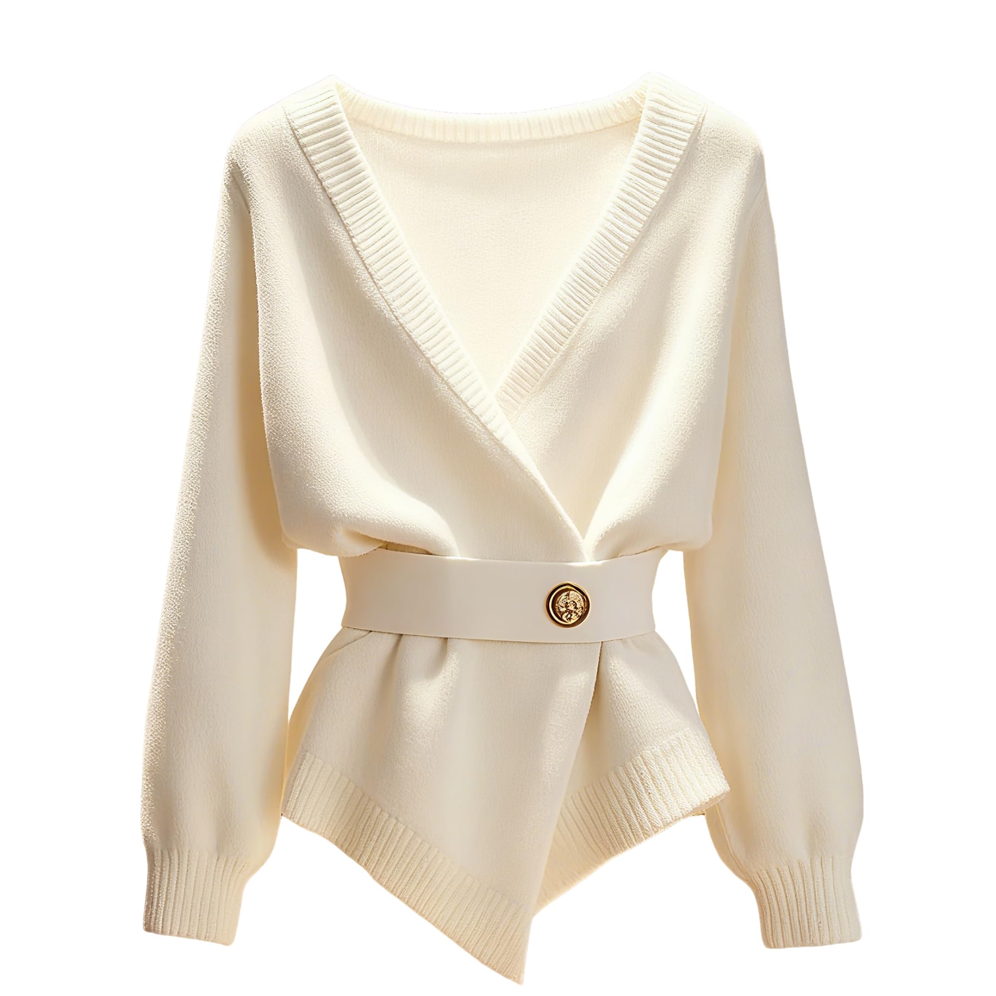 Womens Tight Fitting Waist Belt Sweater White Elegant V-Neck Long Sleeve Lightweight Ribbed Knit Fashion Top
