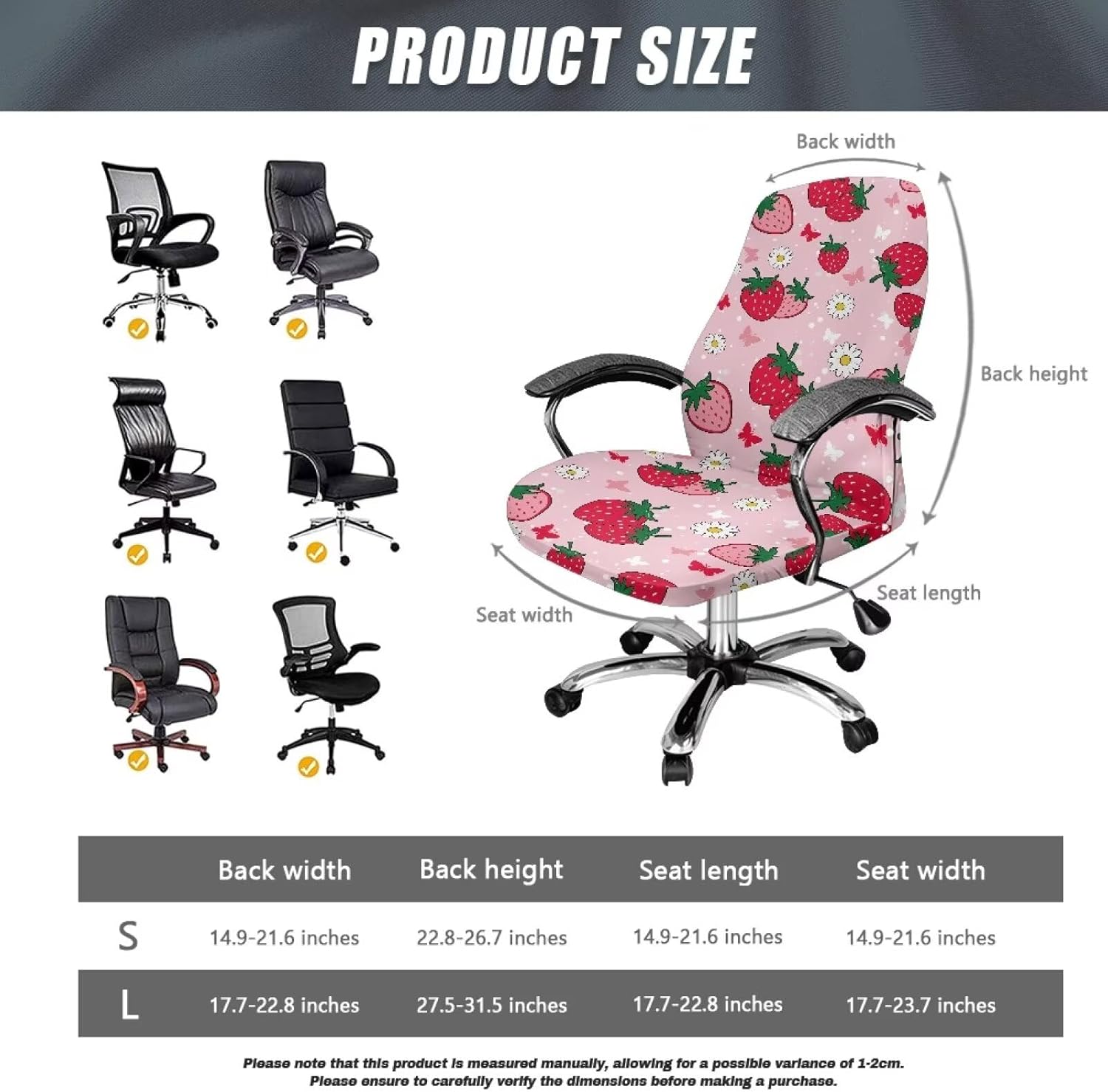 Cute Strawberry Office Chair Cover with Elastic Bottom Computer Chair Slipcovers Washable Fit Office Chair Seat Covers for Offices Washable Wrinkle-Resistant Colorfast,L