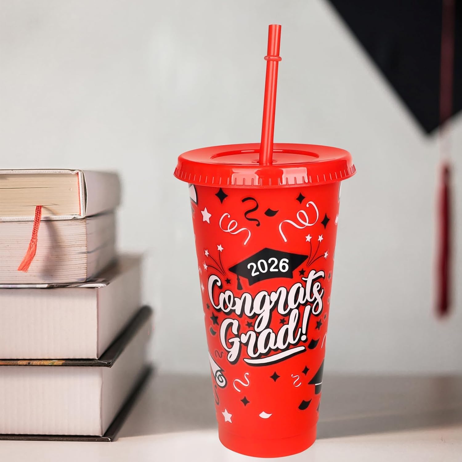 12 Pieces 2026 Graduation Plastic Cups with Lids and Straws 24 Oz Reusable Graduation Plastic Drinking Cup Class of 2026 Graduation Party Supplies for Graduation Hot Cold Drink Decorations (Red)