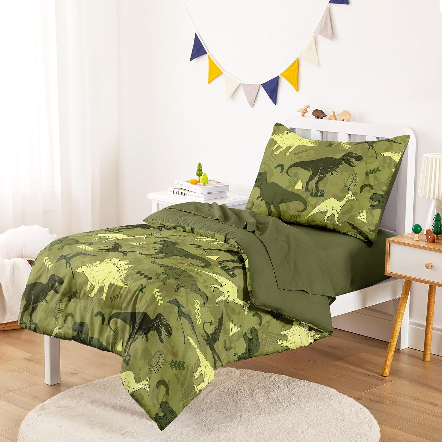 Wake In Cloud - Dinosaur Toddler Bedding Set for Boys, Jurassic Dino World Sketch, 4 Pieces Soft Crib Bed Set Including Comforter, Sheets and Pillowcase, Army Green