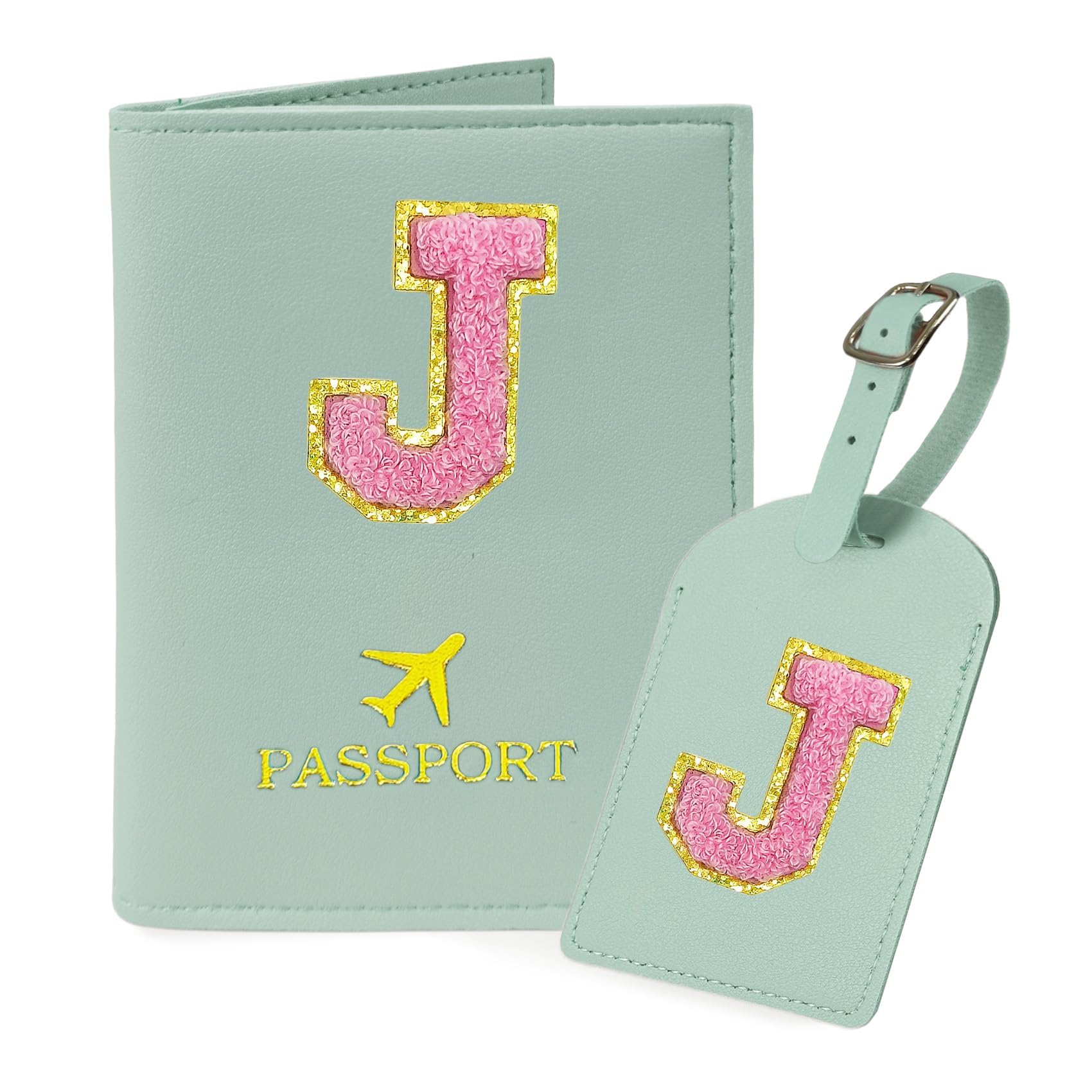 Initial Passport Cover Luggage Tag Set Letter Passport Holder Airplane Cruise Travel Essentials Vacation Traveling Accessories Personalized Gifts for Women Teen College Girls Teal J-image-49