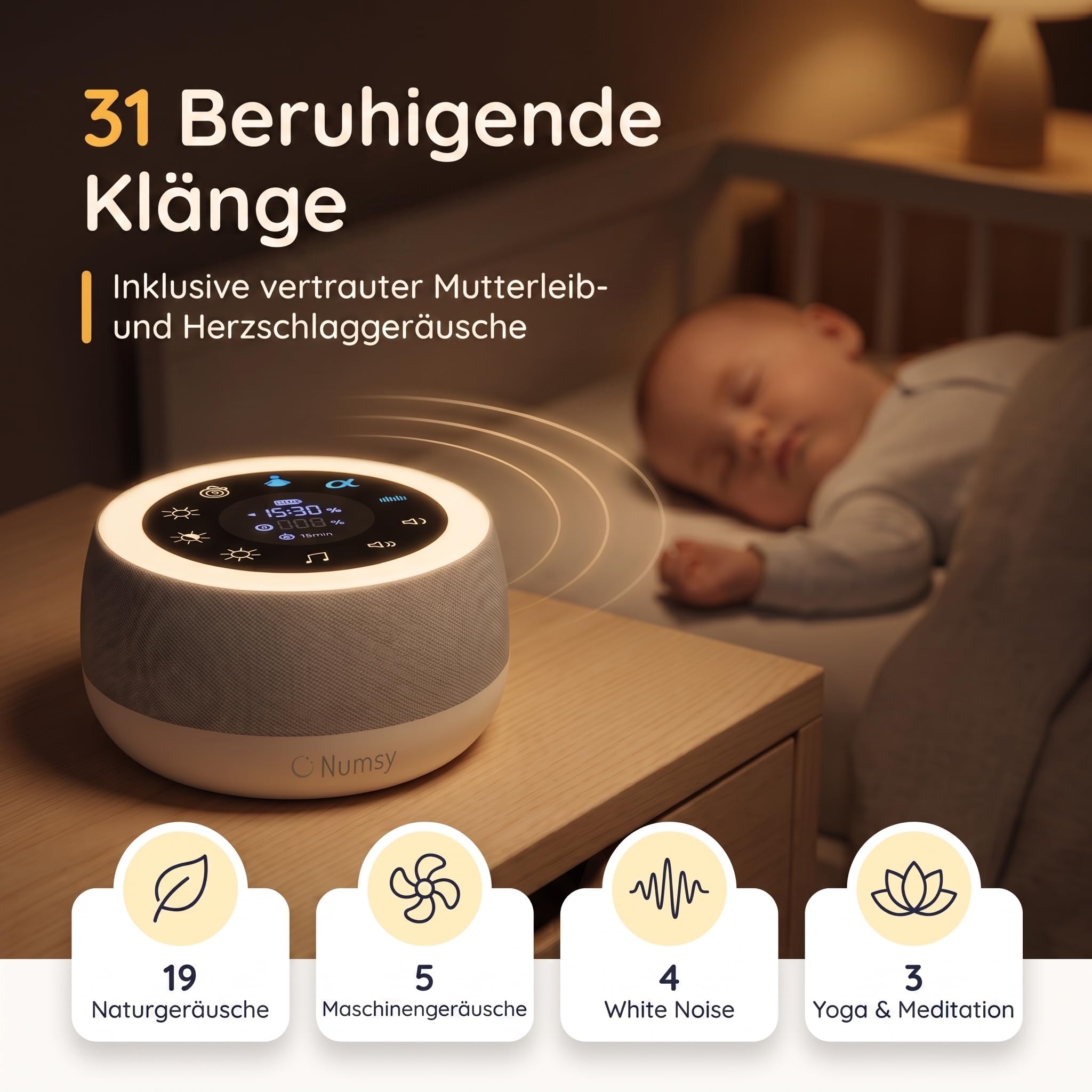 Numsy Touch White Noise Machine mit Nachtlicht - Einschlafhilfe Baby