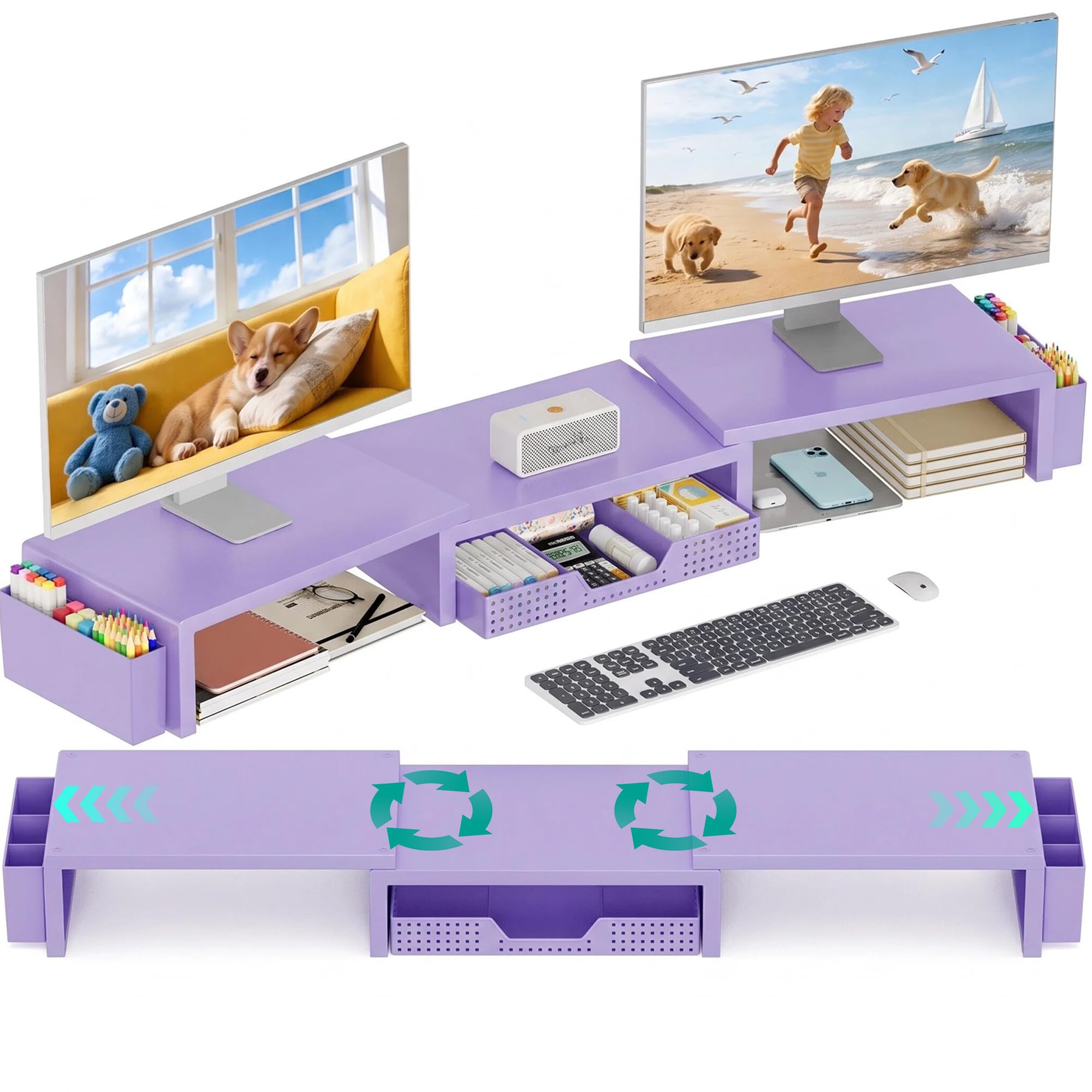 OPNICE Desk Organizer and Accessories, Computer Monitor Stand Riser with Drawer and 2 Pen Holders, Laptop Stand, Office Desk Accessories for Office Supplies, Purple