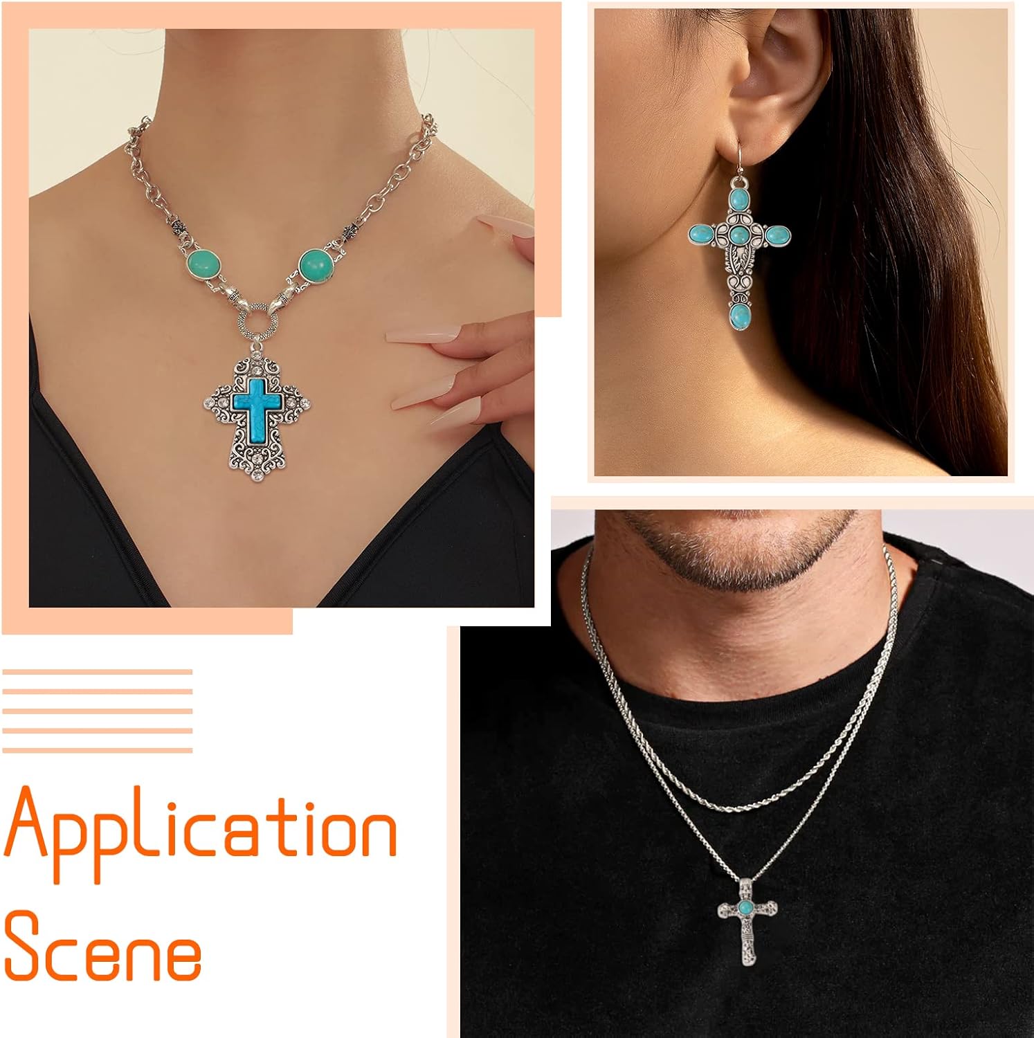 Pandahall 14Pcs Turquoise Stone Cross Charms Tibetan Style Turquoise Big Pendant Alloy Religion Cross Charms Western Turquoise Jewelry for Women Men Bohemian Earring Necklace Jewelry Making - Image 4