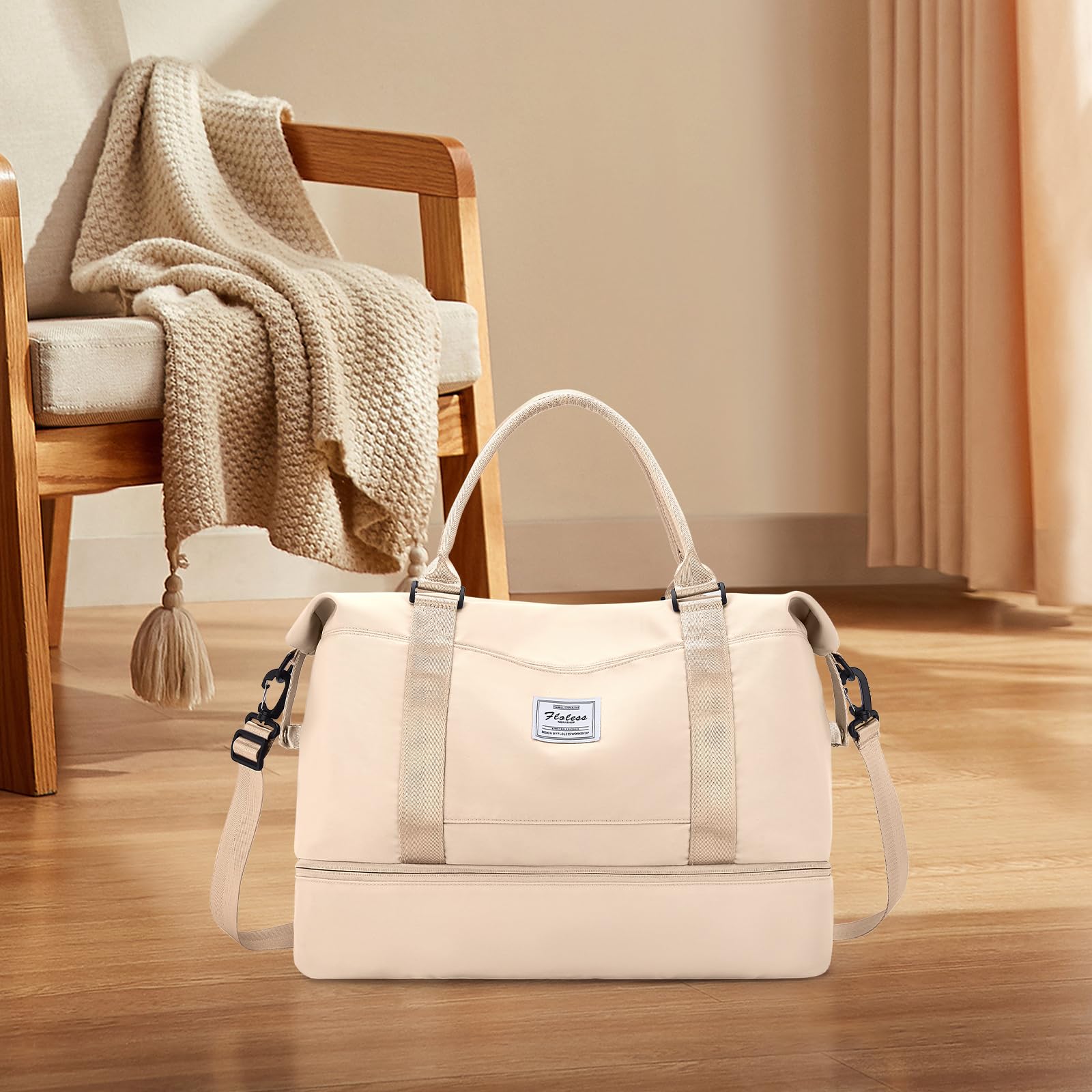 Borsone da Viaggio Donna, Bagaglio a Mano Borsa da Viaggio con Scomparto per le Scarpe, Borsa Sportiva Borsone da Palestra Grande, Borsa da Weekend, Borsa per Ospedale,A5 beige