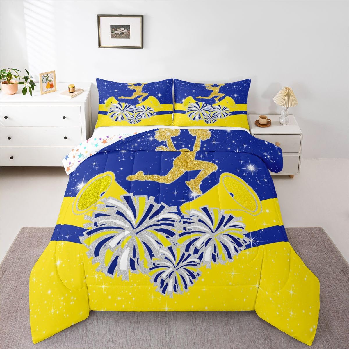 Castle Fairy Cheerleader Full Size Comforter Set,Cheerleading Glitter Blue Yellow Yellow Reversible Bedding Set Bedroom Collection,Girly Cheerleading Dance Soft Quilted Duvet for Girls Teens