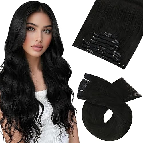 Miniatura 1 de Moresoo Extensiones de cabello humano real con clip, extensiones de cabello humano Remy negro con clip para mujeres negras, extensiones de cabello