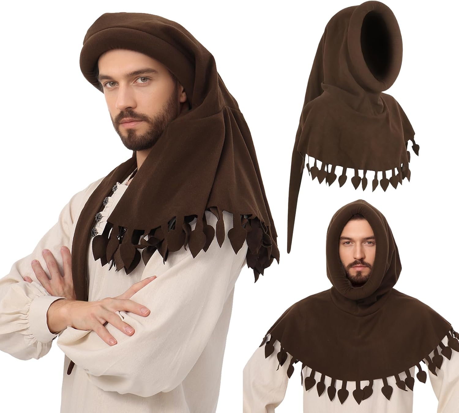 Mens Chaperon Hat Liripipe Hood Medieval Cap with Rolled Brim Renaissance Ren Faire Festival LARP Accessories