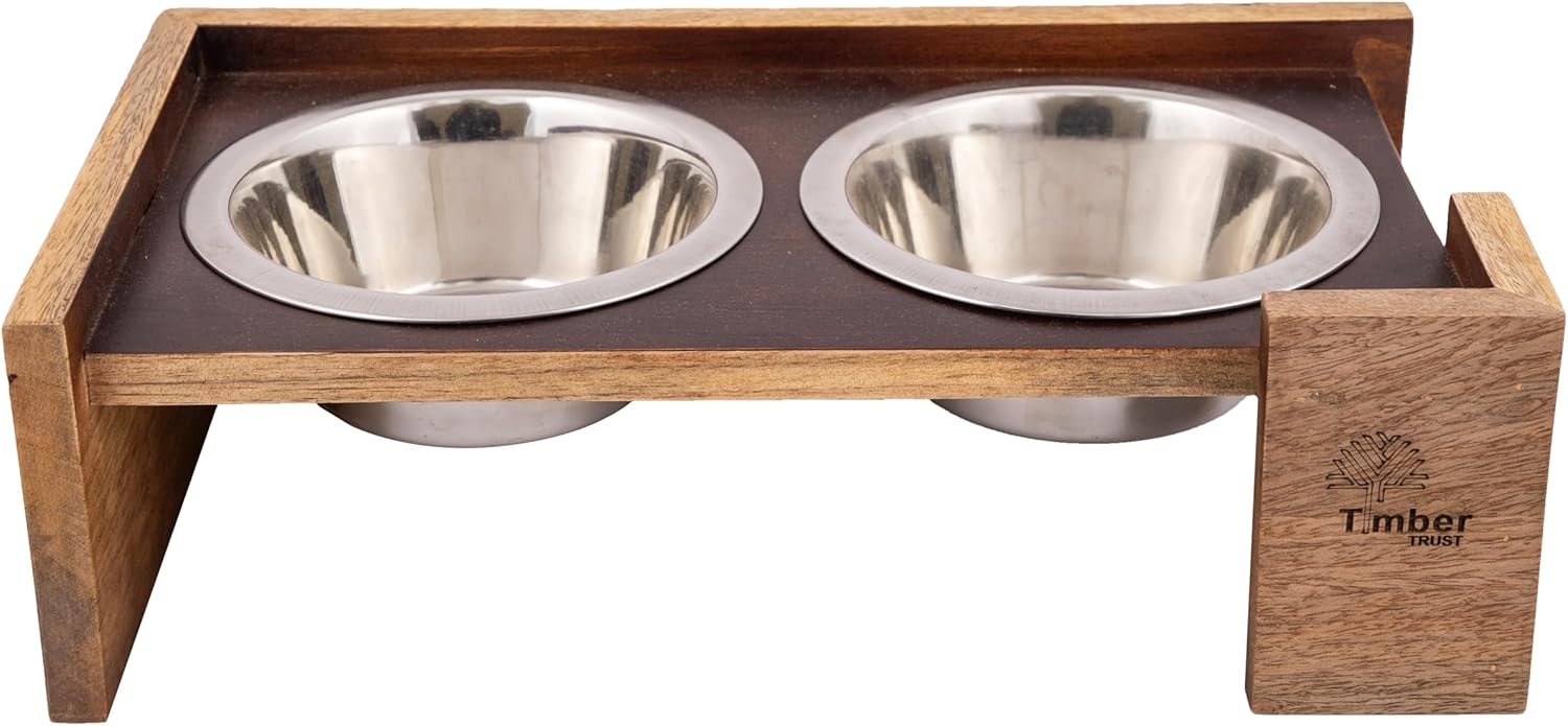 Elevated Dog Food and Water Bowls – Rustic Wood Stand with 2 Stainless Steel Bowls, 5-Inch Raised Pet Feeder, Durable Non-Slip Double Bowl Set for Medium & Large Dogs, Easy to Clean – (49.4 Oz Each)