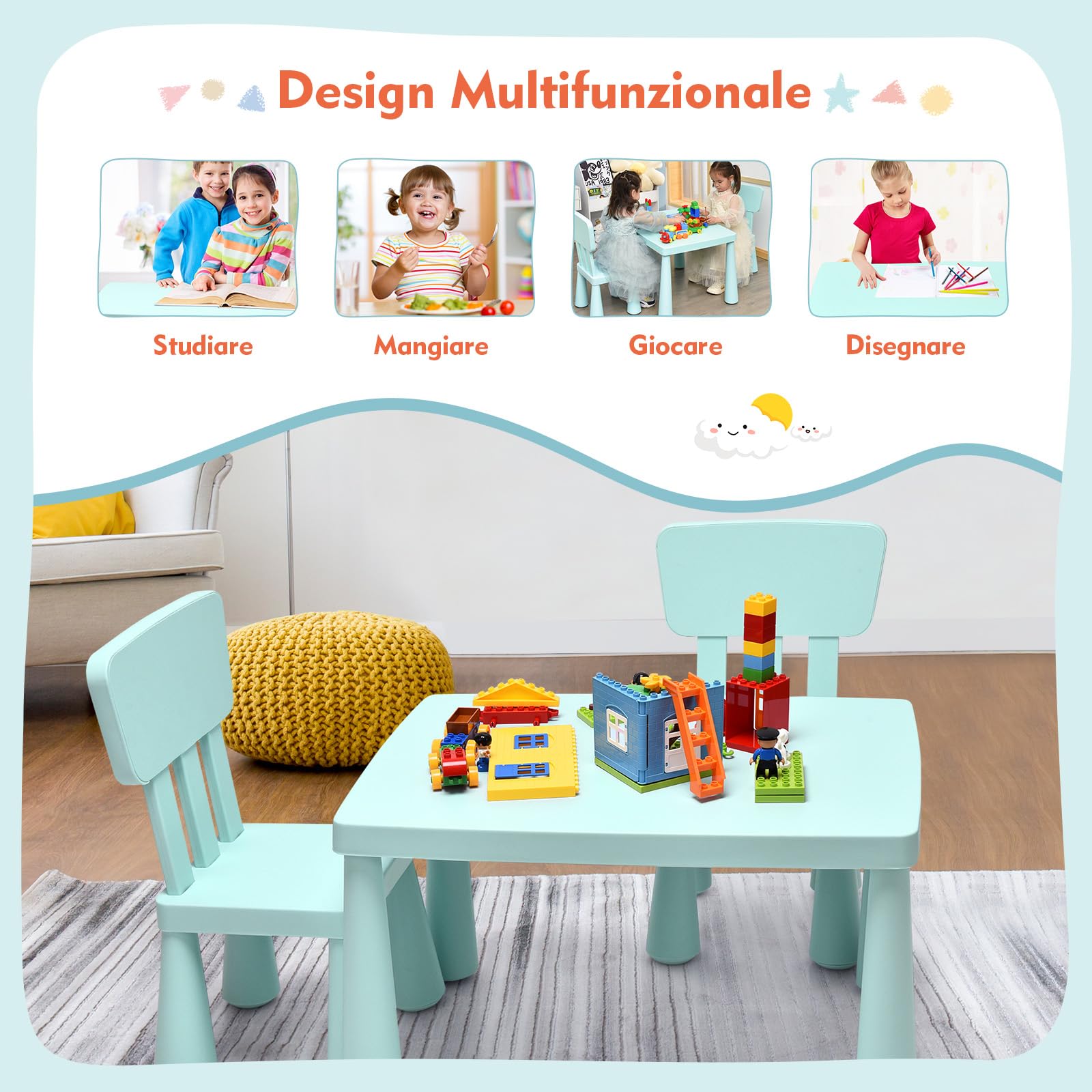 RELAX4LIFE Tavolino per Bambini con 2 Sedie in PP Atossico, Montaggio senza Attrezzo, Portata di 50 KG, Tavolo: 54,5x76,5x49,5cm, Sedie con Schienale: 36x35x66,5cm (VERDE)