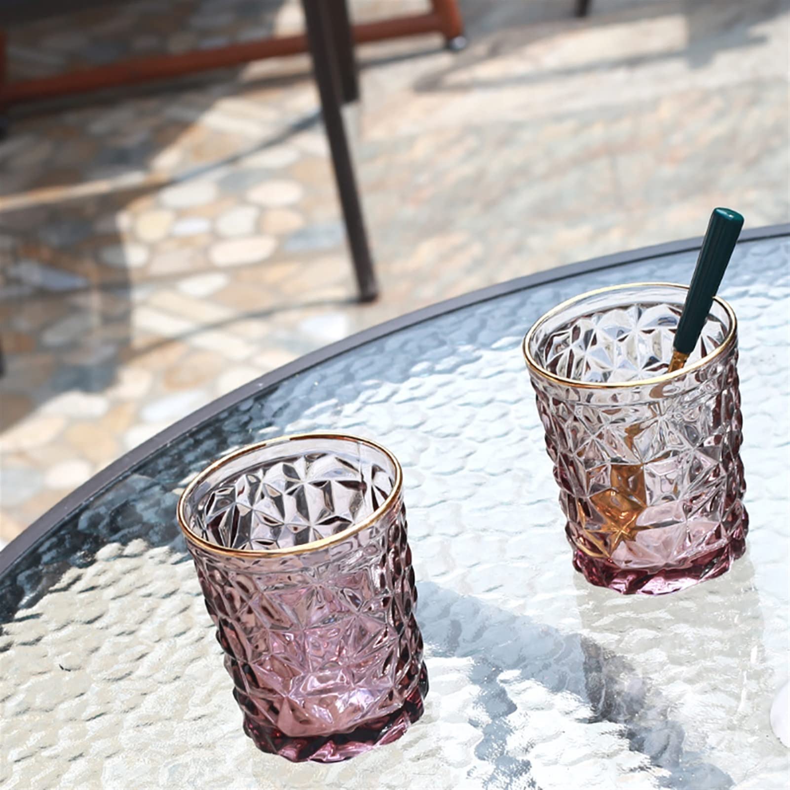 Glas Kaffeetassen 2er Set Diamant Form Trinkgläser Wein Whiskey Cocktail Saft Glas Rot Glastasse mit Goldenem Rand Glas Kaffeetassen