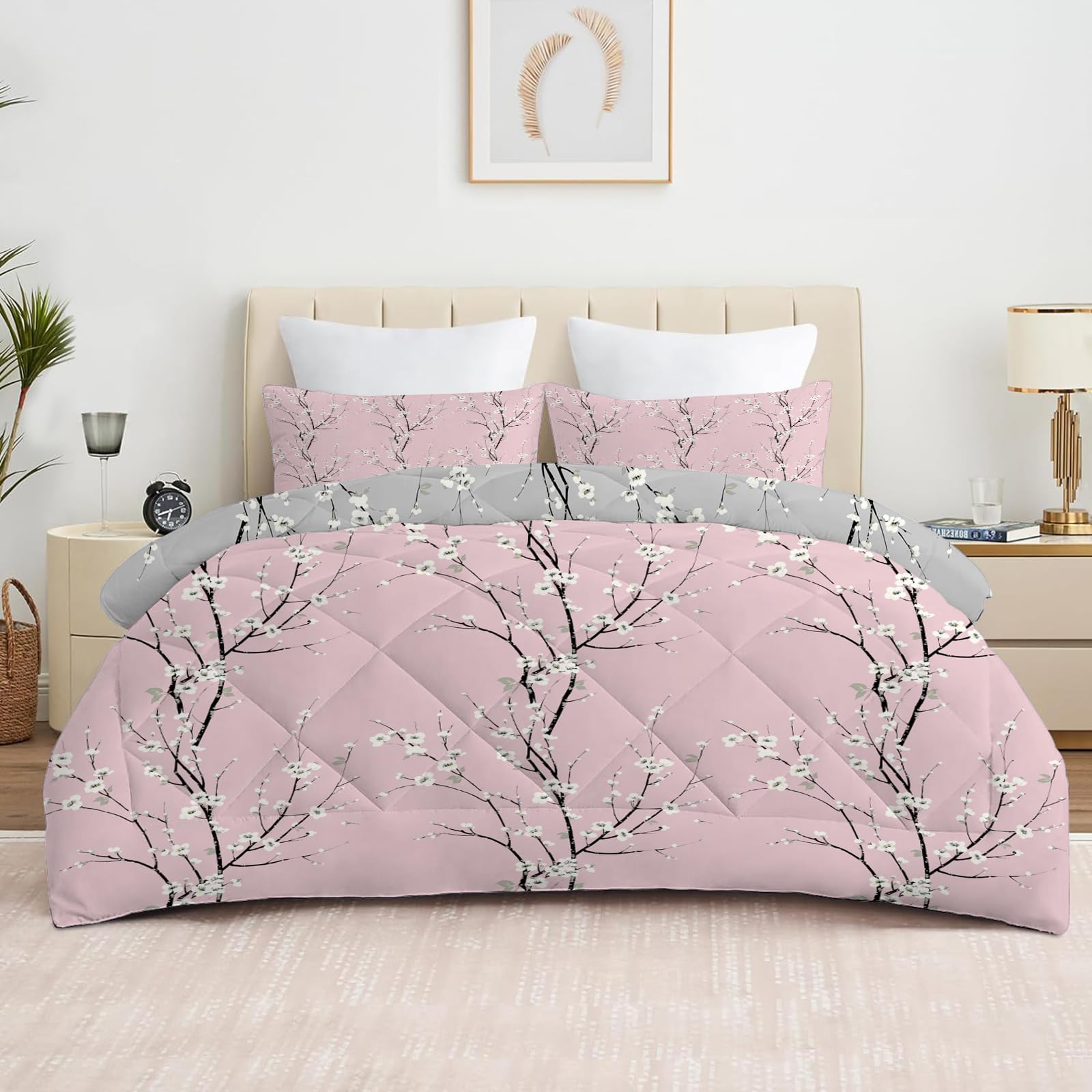 Fleur Prunier Rose Couette Imprimée 4 Saisons 220x240 cm pour Lit 2 Personnes, Branches Grises Edredon Legere, Réversible Couette sans Houss et 2 Taies d'oreiller 65x65 cm
