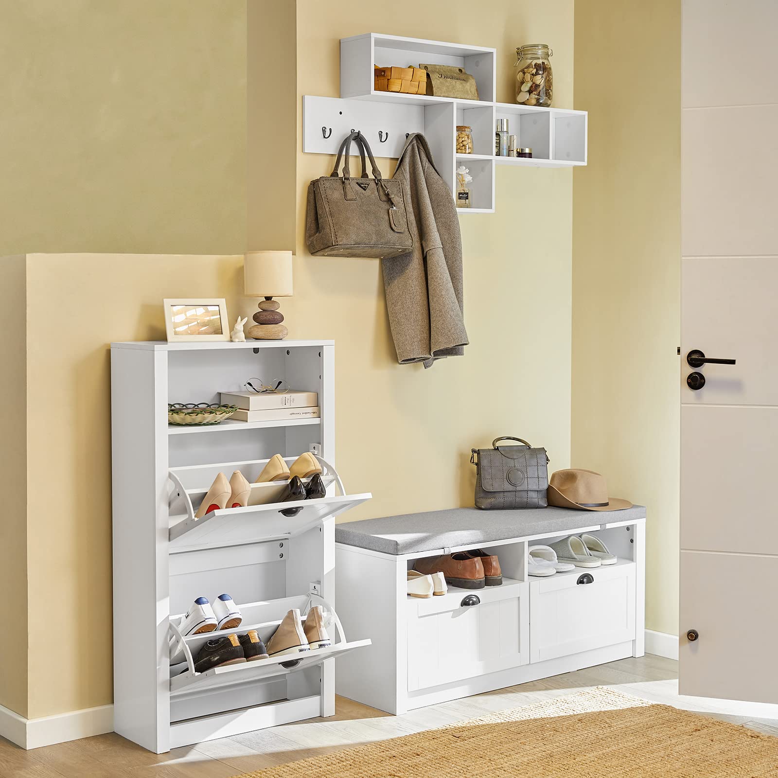 SoBuy Meuble à Chaussures Armoire d'entrée Commode 2 abattants, Coffre avec Un Espace de Rangement, FSR87-K-W