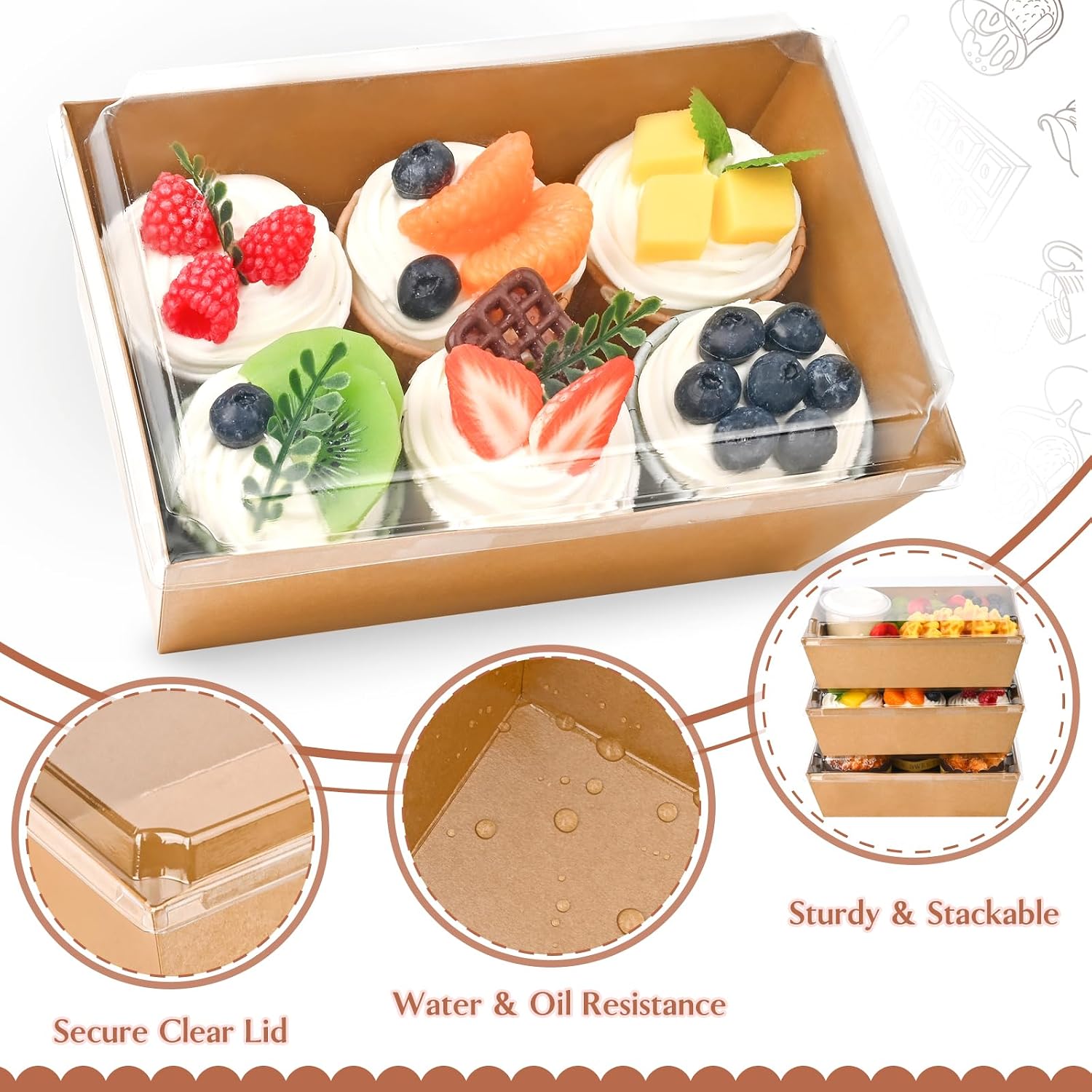 Ocmoiy Paper Charcuterie Boxes with Clear Lids, 8x6 Inches, 20 Pack, Brown | To Go Food Containers, Disposable Bakery Boxes, For Cake Slice, Cupcakes, Sandwiches, Cocoa Bombs
