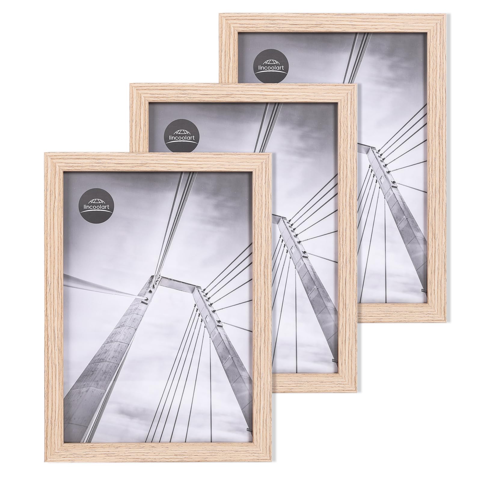 lincoolart Bilderrahmen A4 Holz 21x30 cm Rahmen 3er Set aus MDF in Eiche für Fotos und Urkunden, mit Acrylglas, zum Aufstellen oder Wandmontage